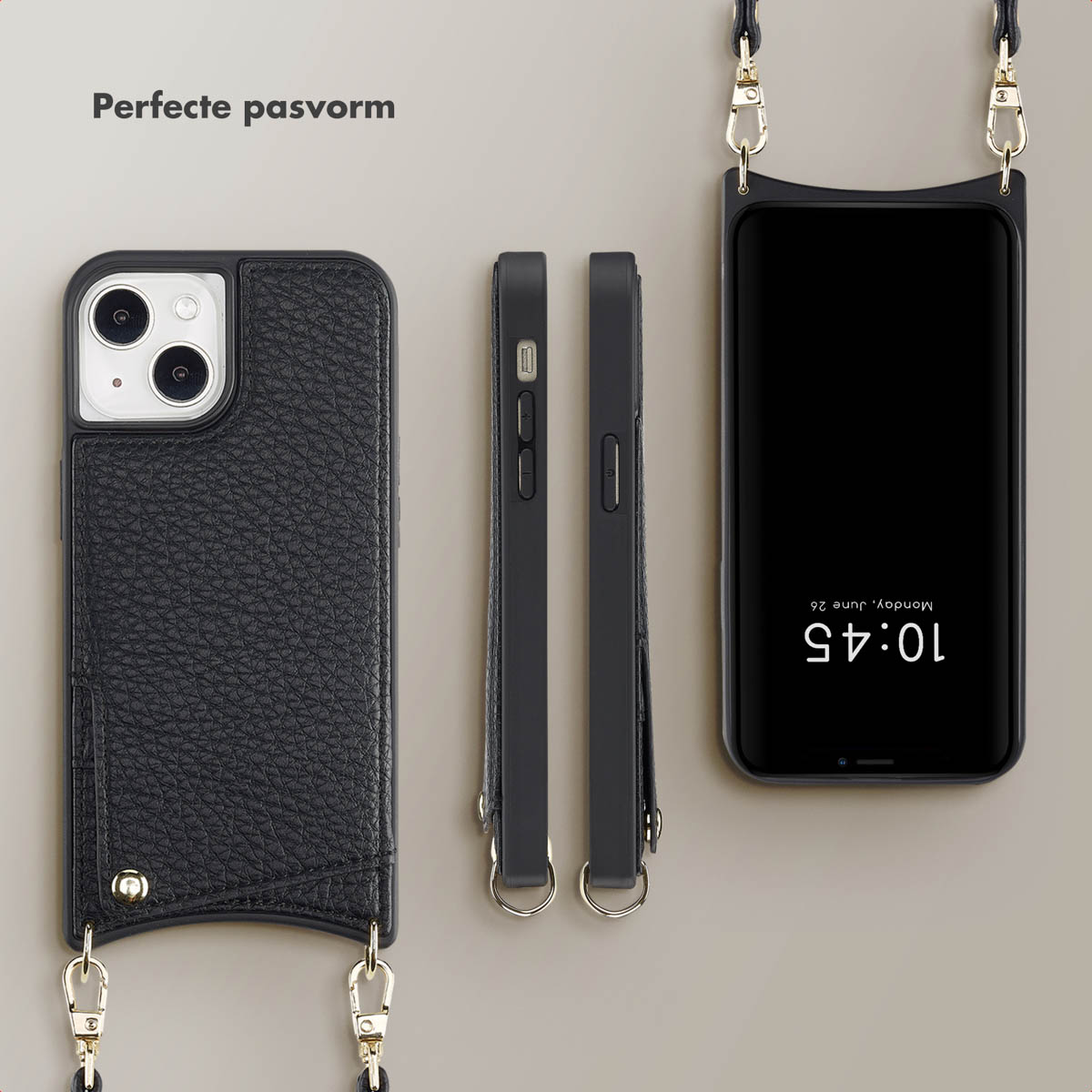 Coque de téléphone noire avec fente pour carte et lanière. Téléphone dans l'étui. Fond neutre.