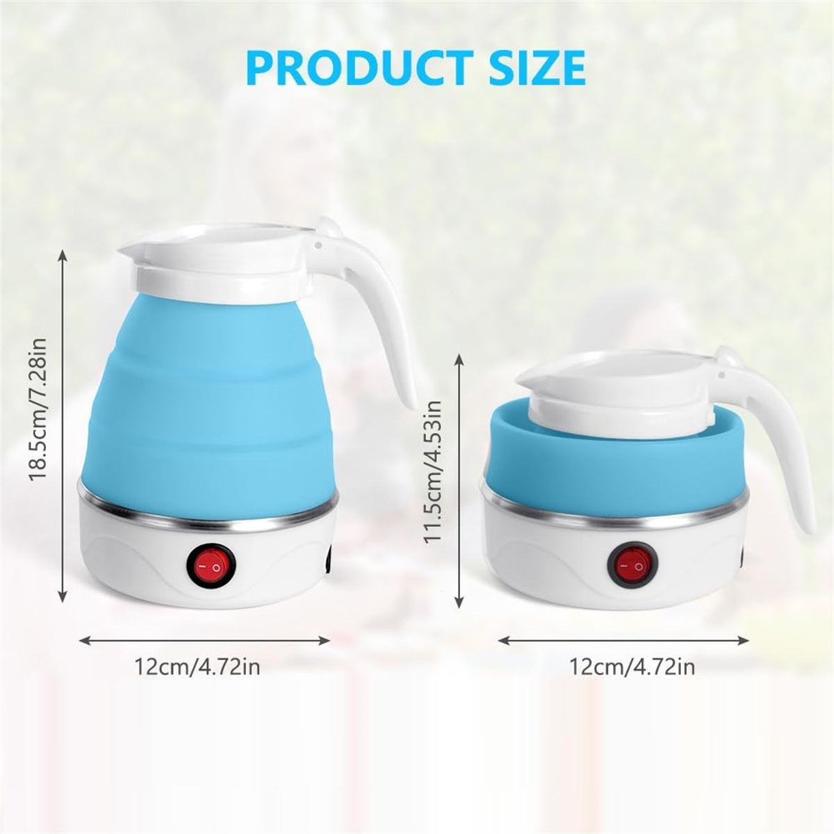 Zwei blau-weiße elektrische Wasserkocher, einer zusammengeklappt, einer aufrecht, mit Produktabmessungen in cm/Zoll.