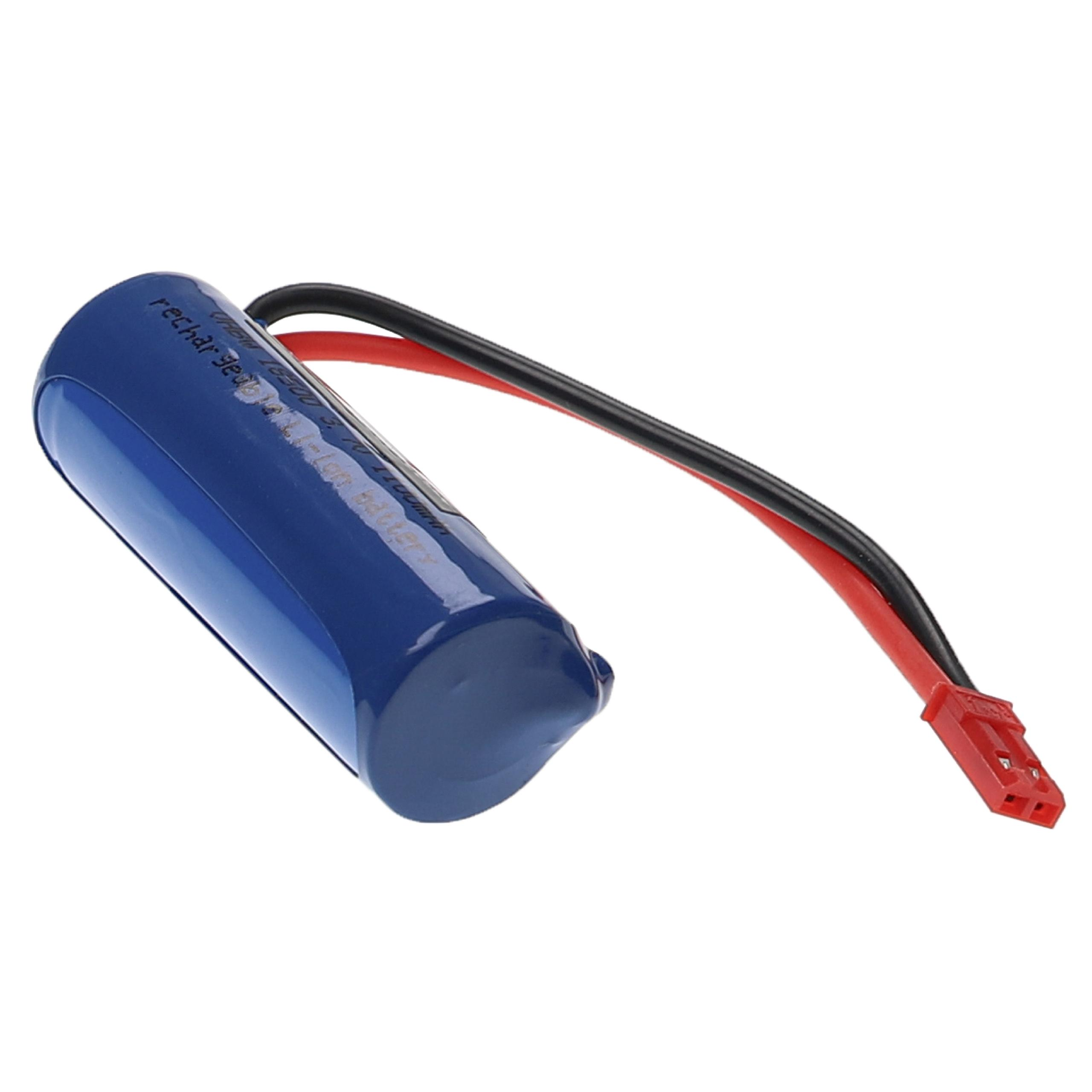 Blaue Batterie mit roten und schwarzen Drähten und einem roten Stecker.