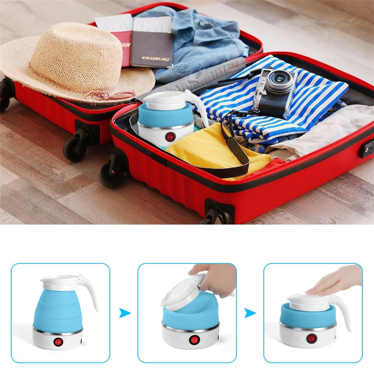 Roter Koffer geöffnet mit Kleidung, Strohhut und Reisepass. Ein kleiner, zusammenklappbarer blauer Wasserkocher.