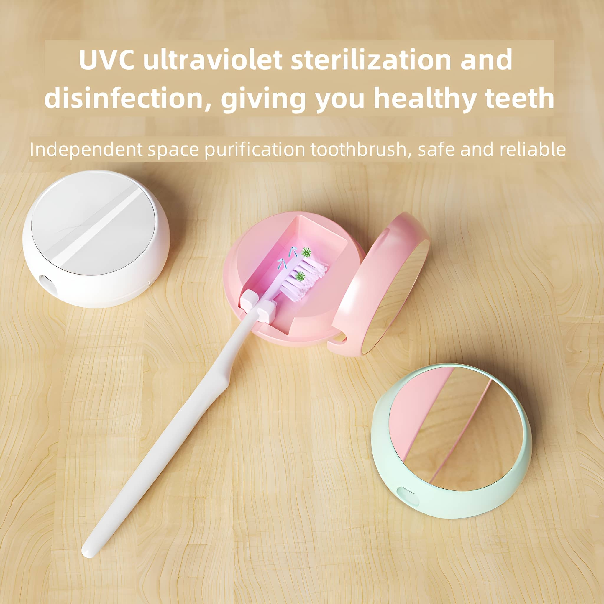 Rosa und weißer Zahnbürstensterilisator, mit Zahnbürste. Text: UVC-Sterilisation für gesunde Zähne.