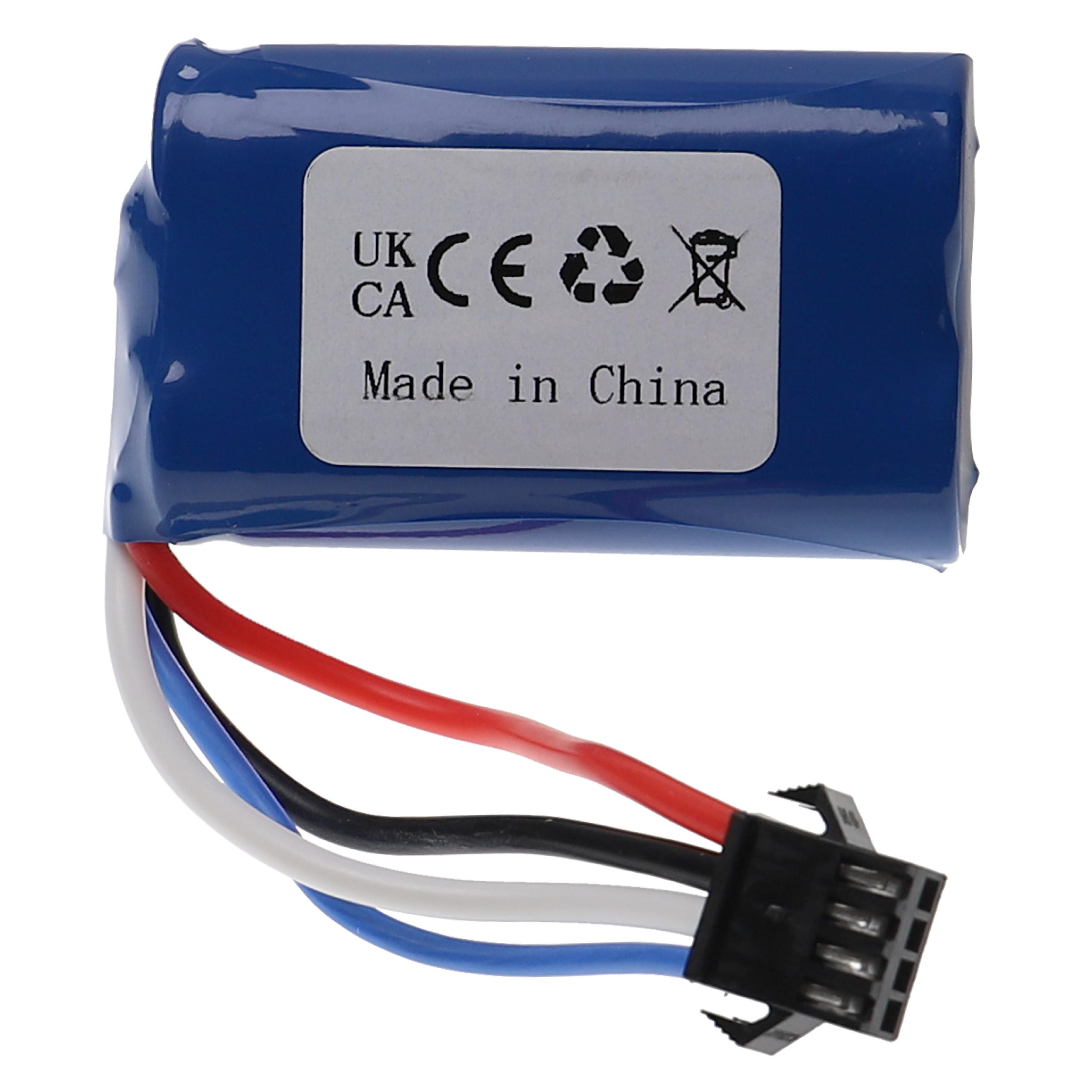 Eine blaue Batterie mit Kabeln und einem Stecker. Auf dem Etikett steht 'Made in China'.