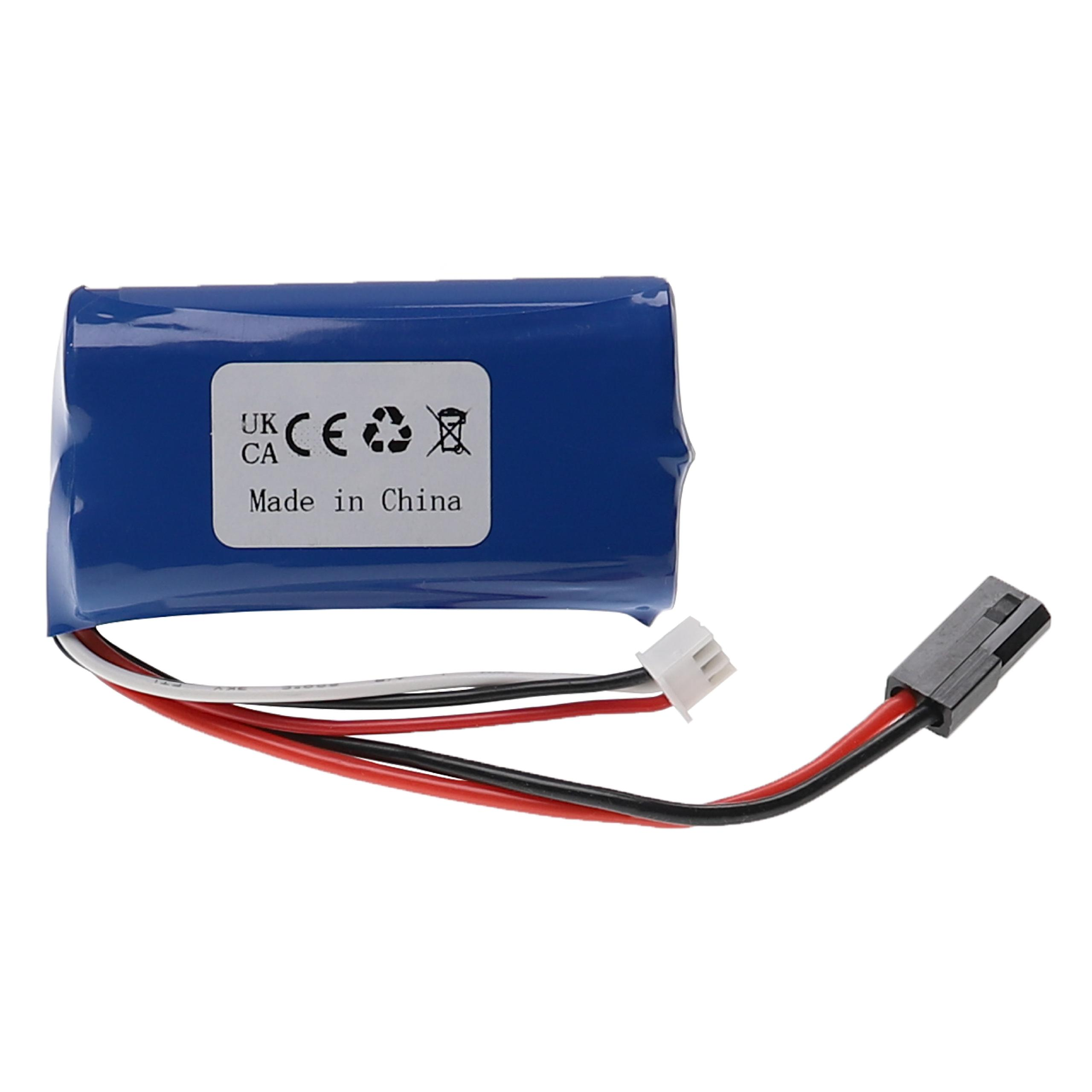Blaue zylindrische Batterie mit Textetikett und dreiadrigem Stecker.