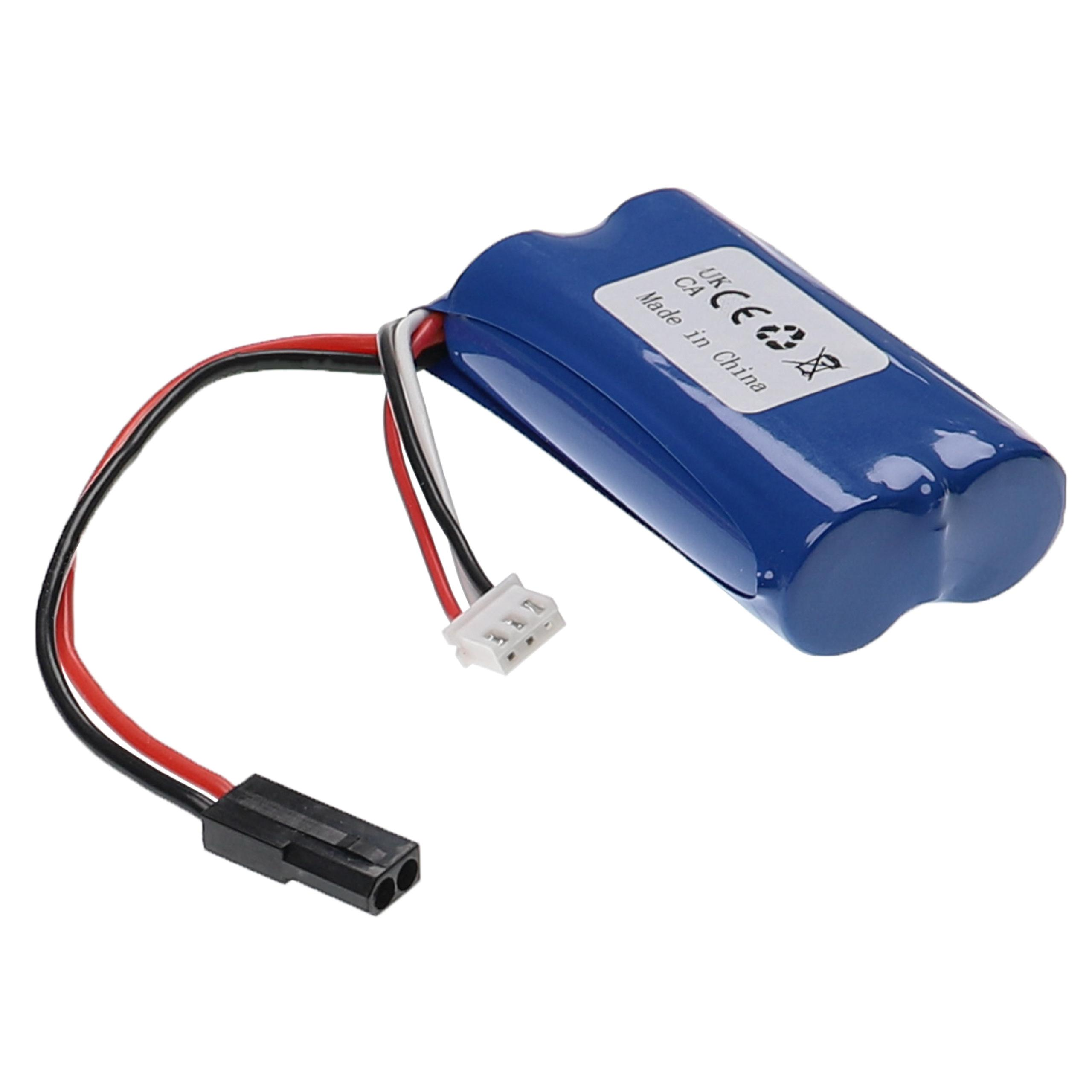 Blaue Batterie mit roten und schwarzen Drähten und einem weißen Stecker.
