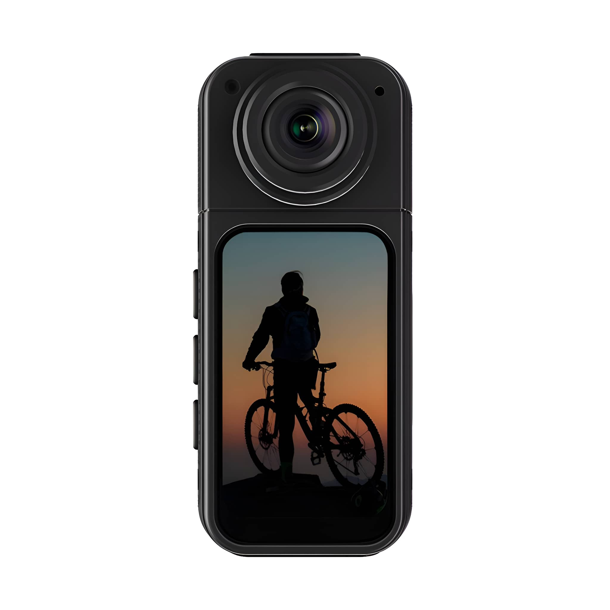Schwarze Action-Kamera mit Person beim Radfahren im Sonnenuntergang. Schwarzes Gehäuse mit Linse und Bildschirm.