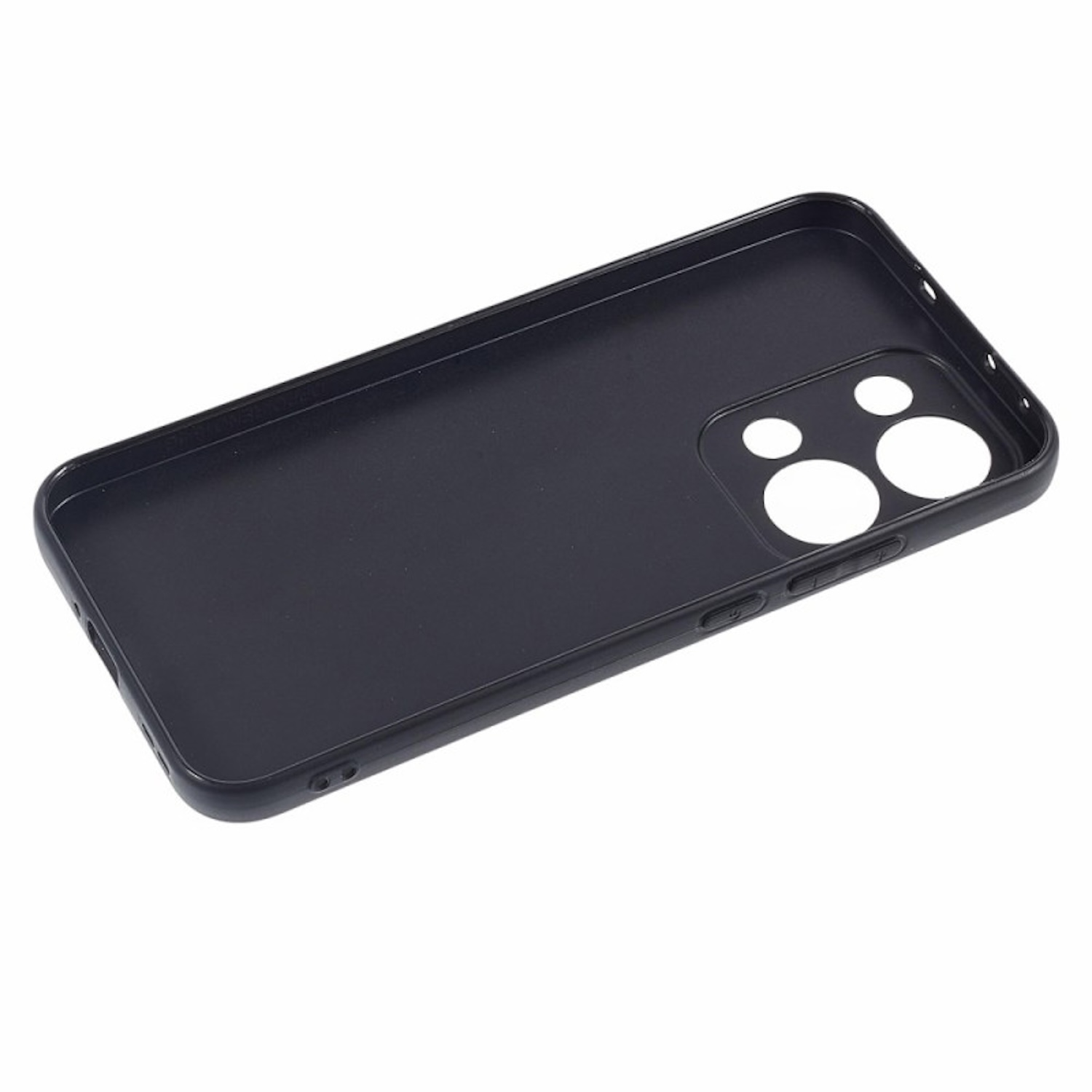 Funda de teléfono negra con recortes para la cámara y ubicación de botones. Se ve la parte trasera.