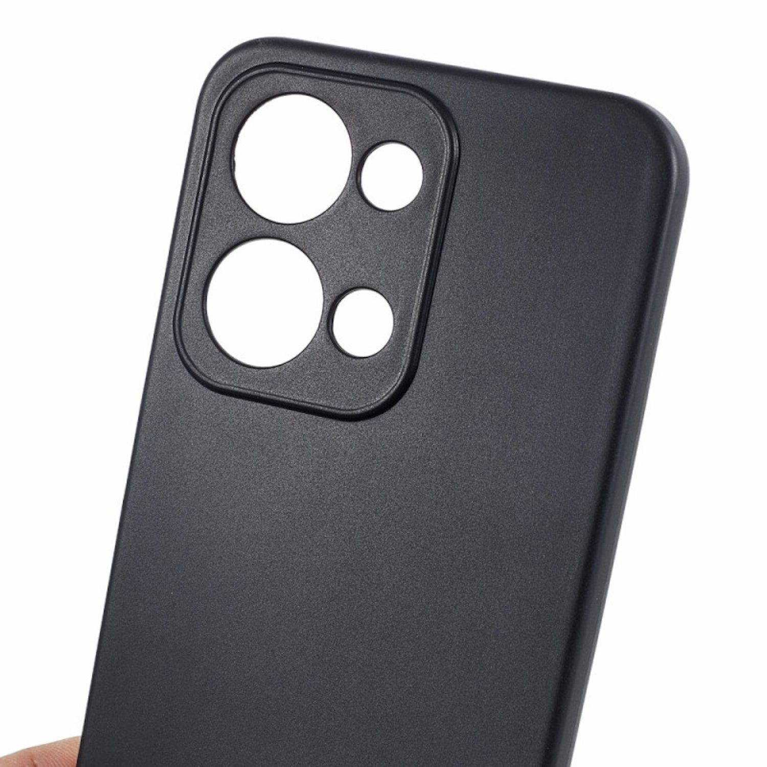 Primer plano de una funda de teléfono negra con tres recortes de cámara y un anillo de cámara ovalado.