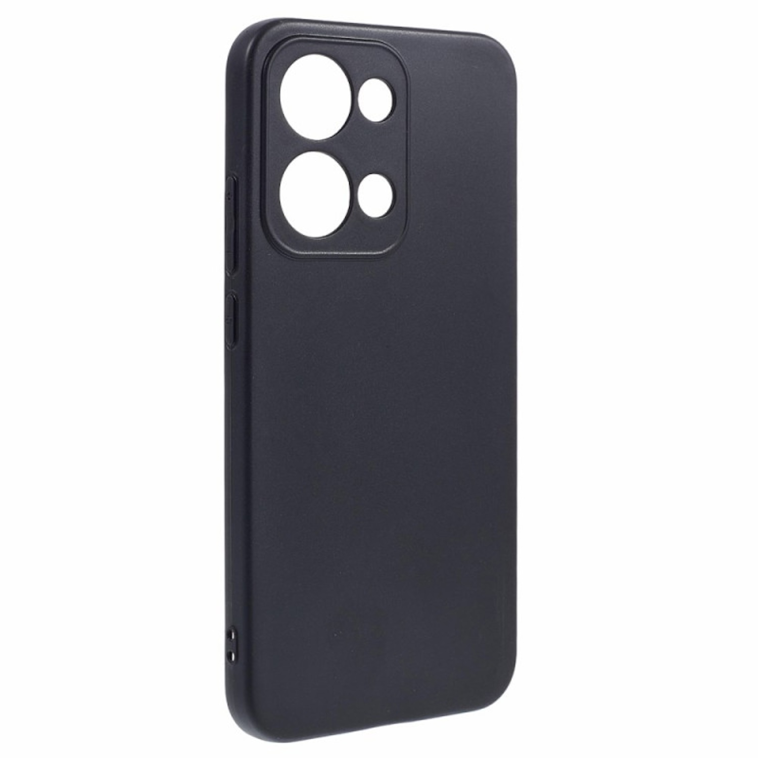 Una funda de teléfono negra con agujeros para la cámara, vista desde un ángulo lateral.