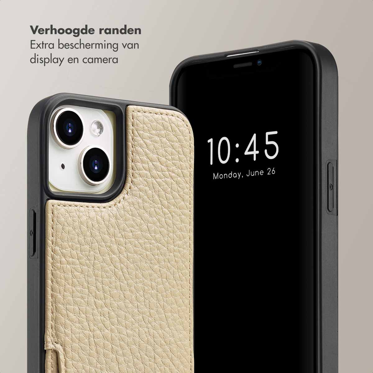 Coque de téléphone avec un téléphone, affichant l'heure, avec une texture cuir beige.