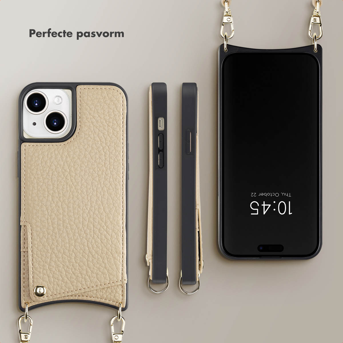 Coque de téléphone beige avec porte-cartes. Le téléphone est dans la coque et suspendu à une sangle. Autres coques dans la scène.