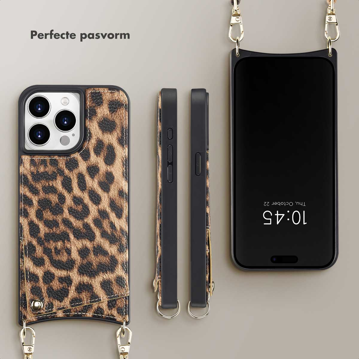 Ensemble de coques de téléphone, imprimé léopard, avec téléphone et sangle. Divers angles et détails.