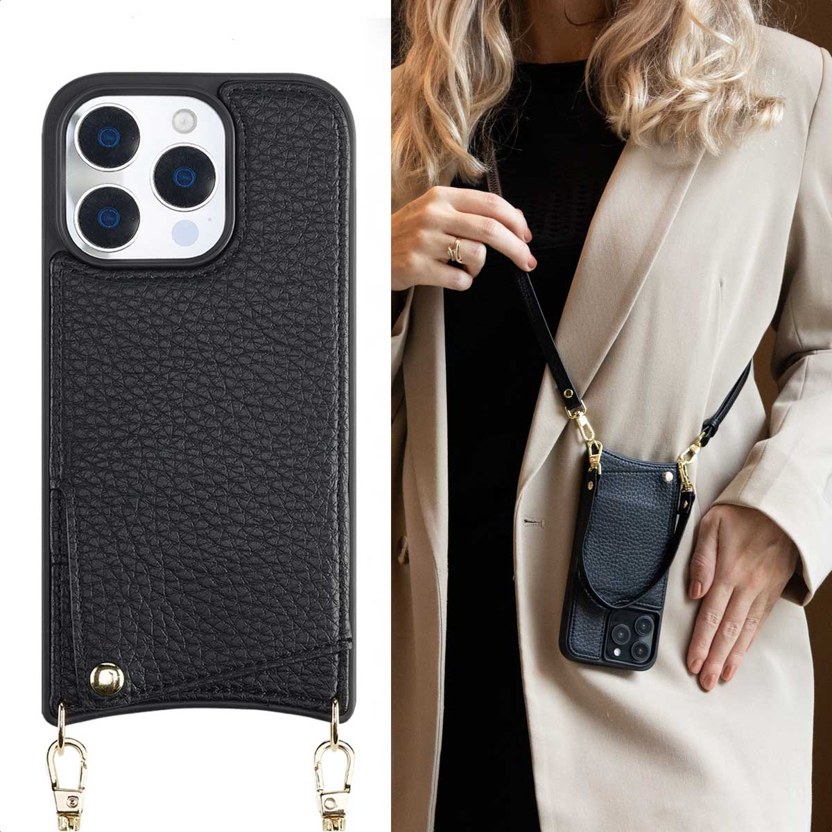 Een zwarte telefoonhoes met een riem en een zwart leren etui wordt getoond op een vrouw.