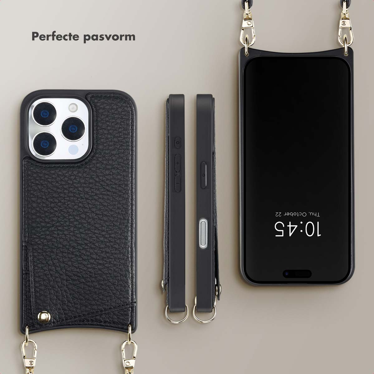 Zwarte telefoonhoes met een riem. Hoesje en telefoon getoond. Extra riem in de afbeelding.