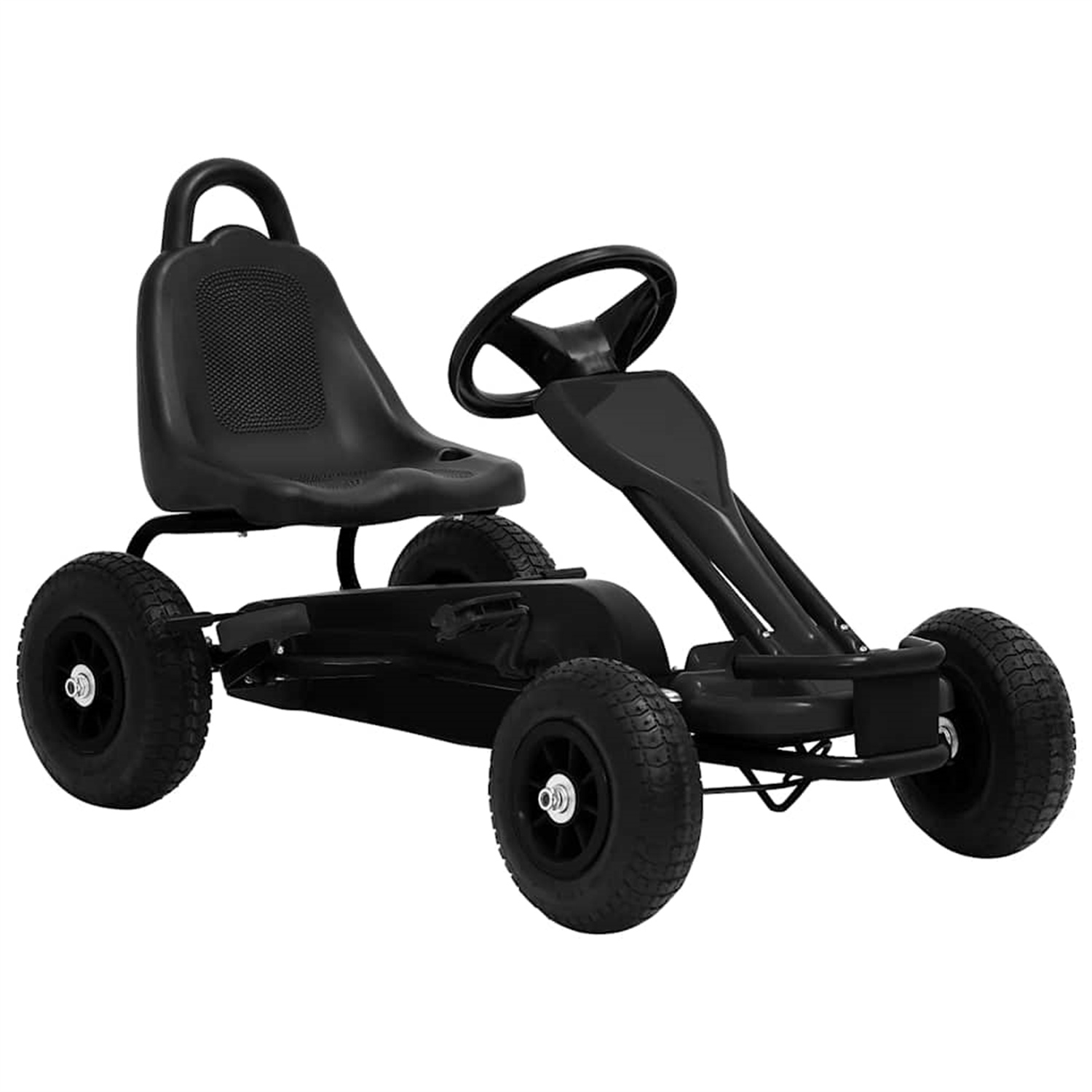 Schwarzes Gokart mit Sitz, Lenkrad und vier Rädern, isoliert auf weißem Hintergrund.