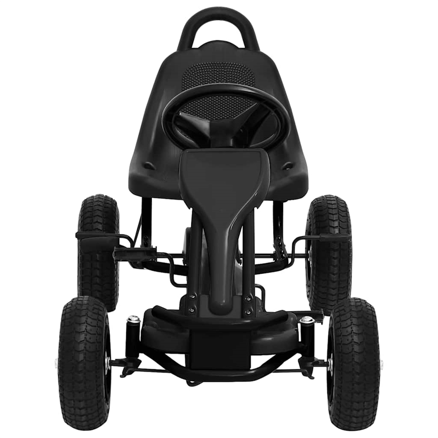 Ein schwarzes Tret-Go-Kart mit vier Rädern. Es ist von vorne zu sehen, isoliert auf weißem Hintergrund.