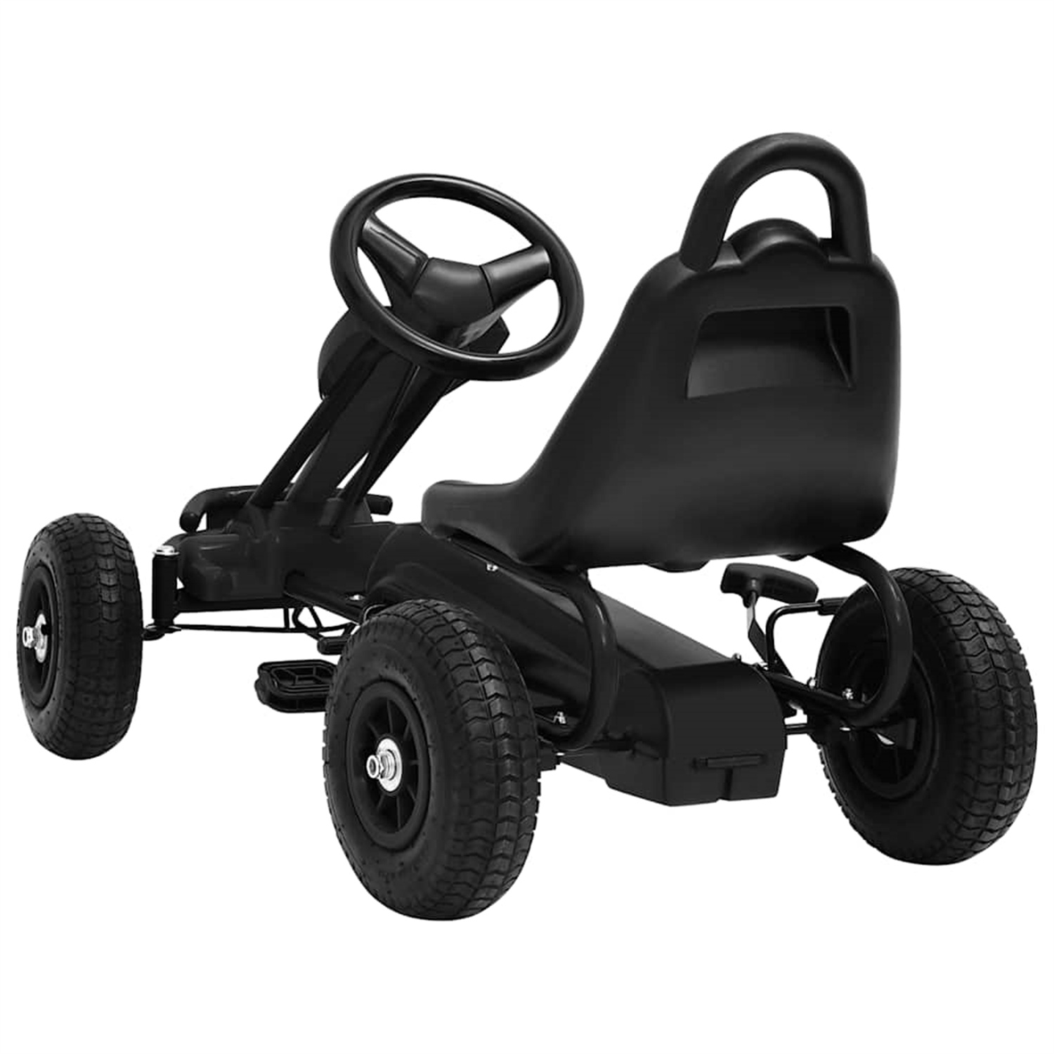 Ein schwarzes Gokart mit vier Rädern. Es steht auf einer weißen Oberfläche. Die Rückseite ist zum Betrachter gerichtet.