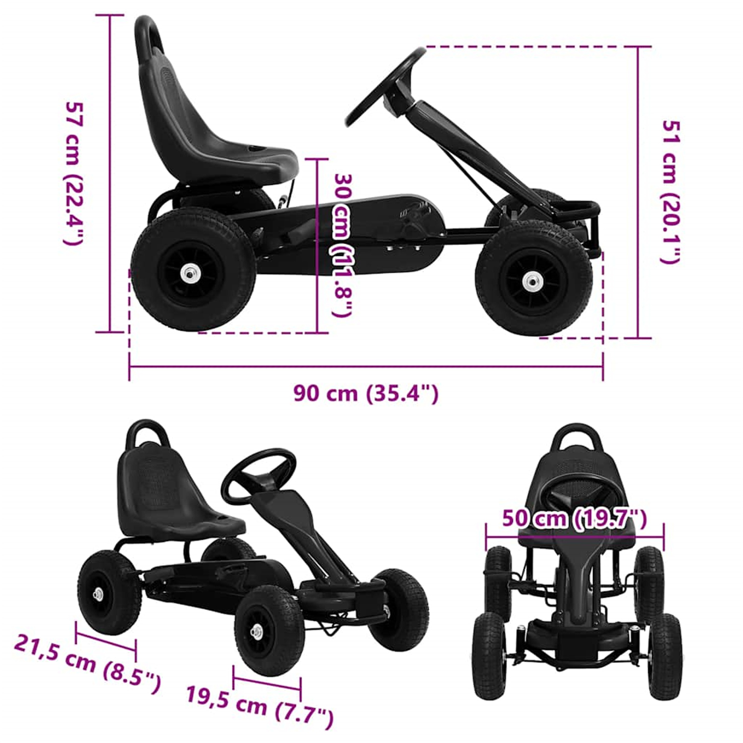 Ein schwarzes Go-Kart mit Abmessungen und Details. Das Go-Kart ist schwarz, mit vier Rädern und einem Sitz.