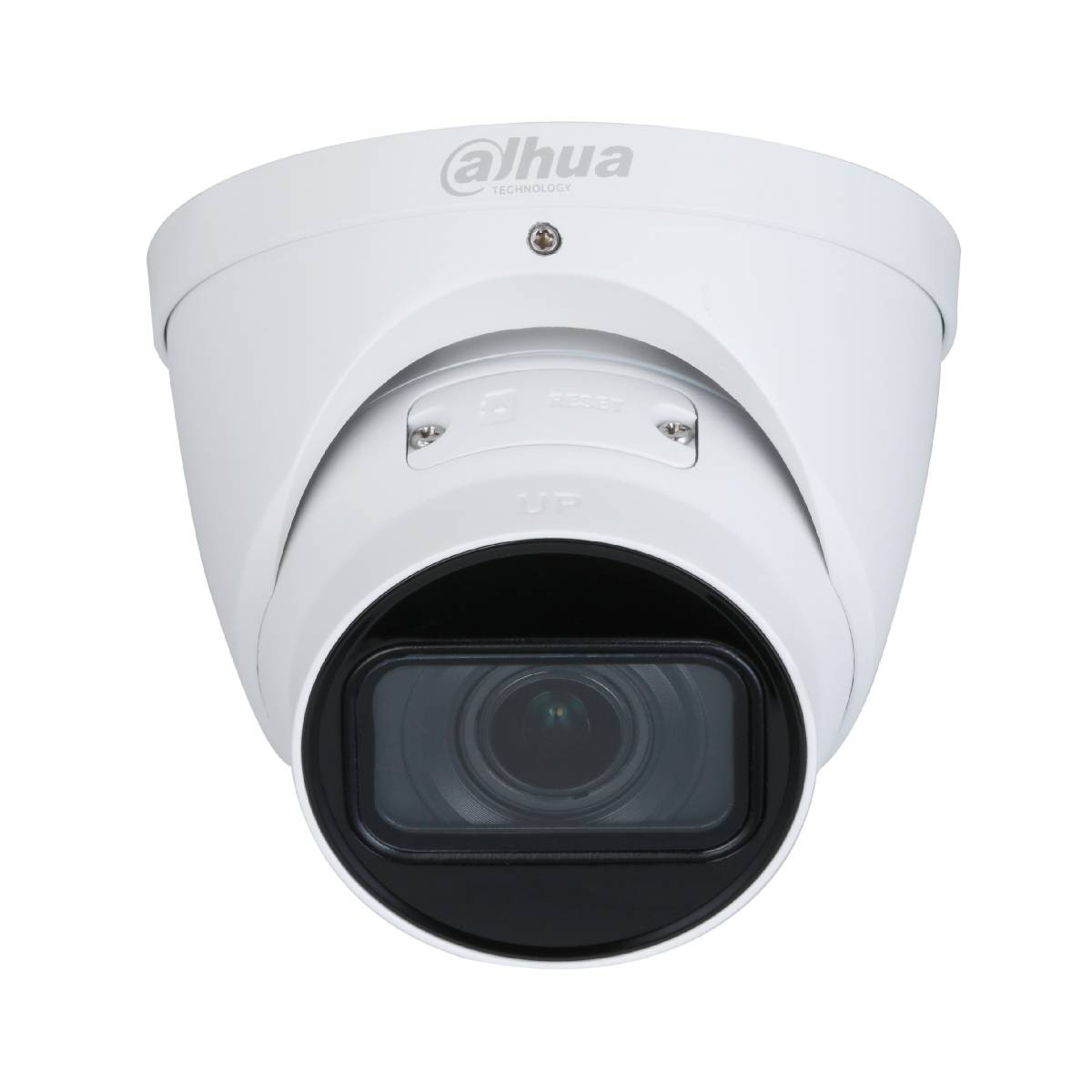 Telecamera di sicurezza bianca con obiettivo nero. La telecamera ha il logo di Dahua Technology.