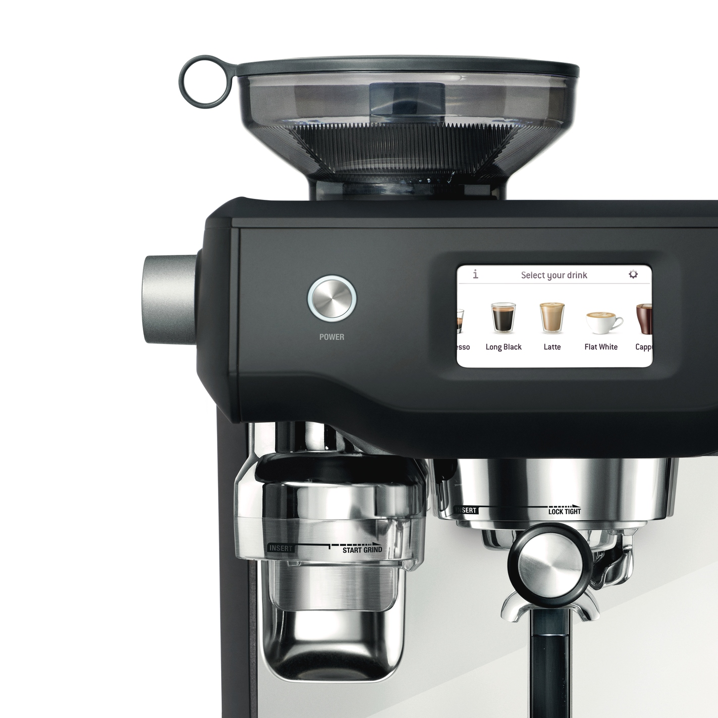 Eine schwarze Kaffeemaschine mit Touchscreen, Mahlwerk und verschiedenen angezeigten Kaffeeoptionen.
