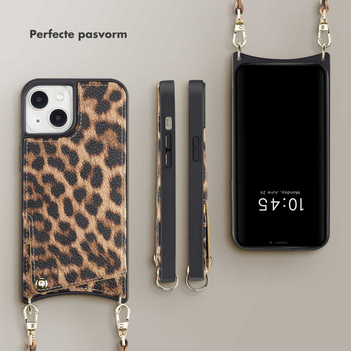 Téléphone dans un étui à imprimé léopard avec une sangle noire. Trois vues du téléphone et de l'étui.