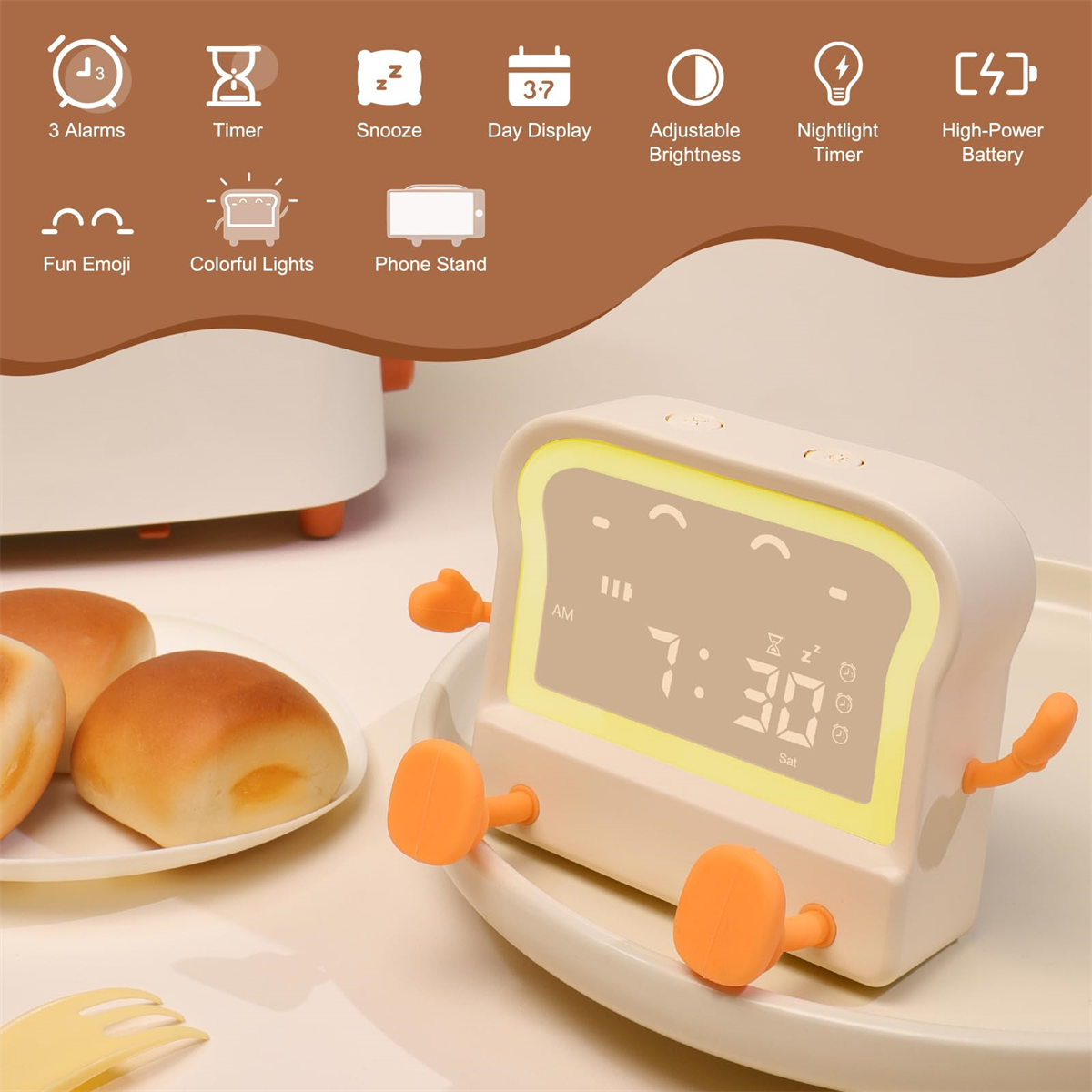 Wecker in Toastform mit Armen und Beinen. Verschiedene Symbole darüber. Brötchen auf einem Teller davor.