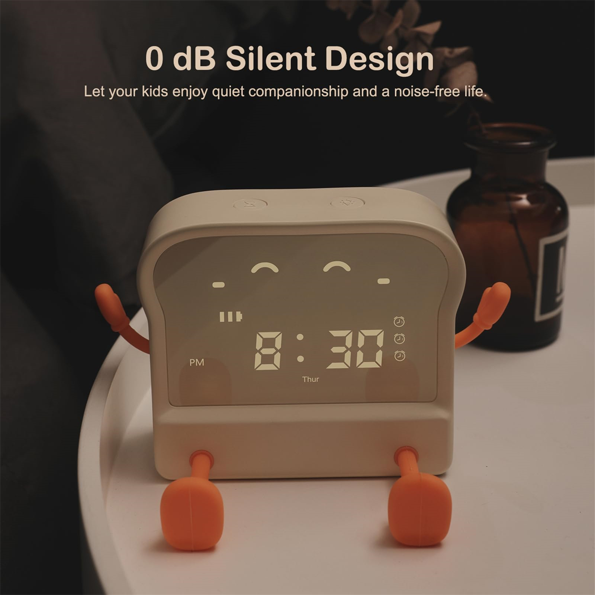 Ein digitaler Wecker in Form von Toast, mit Armen und Beinen.