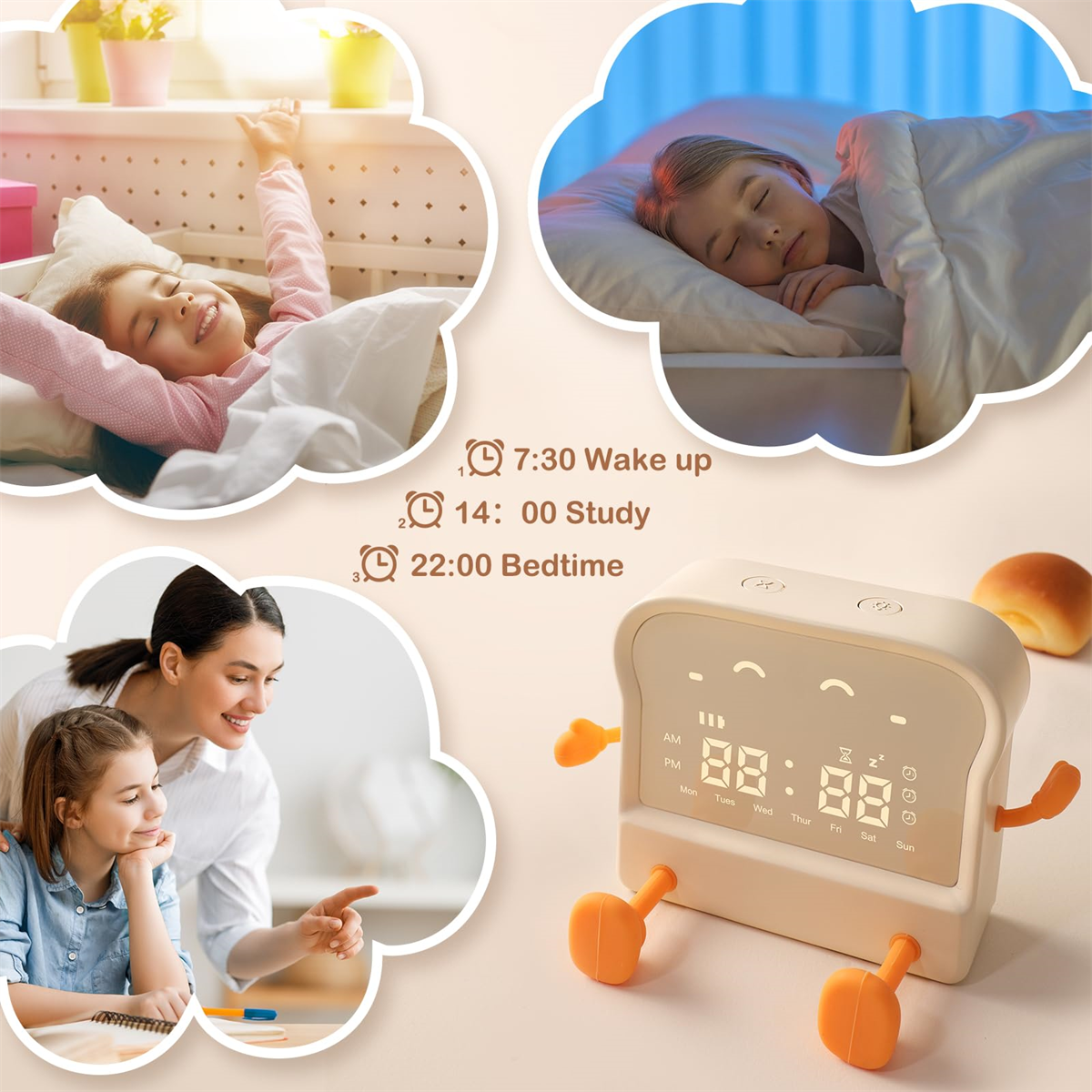 Ein digitaler Wecker im Brot-Design mit Bildern von schlafenden und lernenden Kindern.