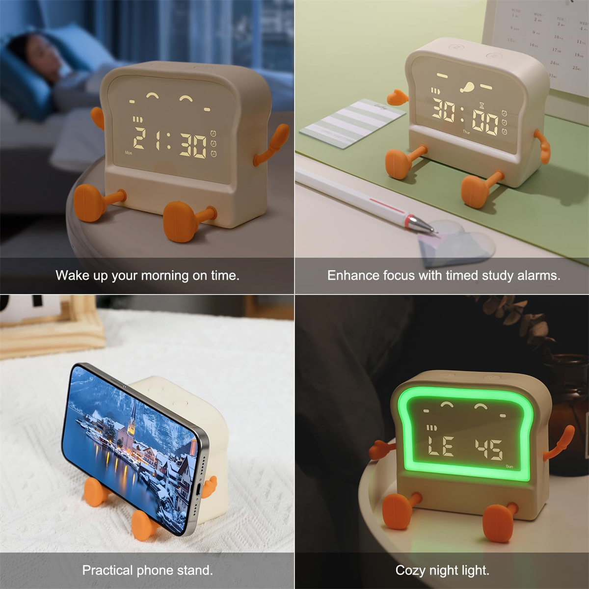 Collage eines toastförmigen Weckers mit Telefonständer und Nachtlichtfunktionen.