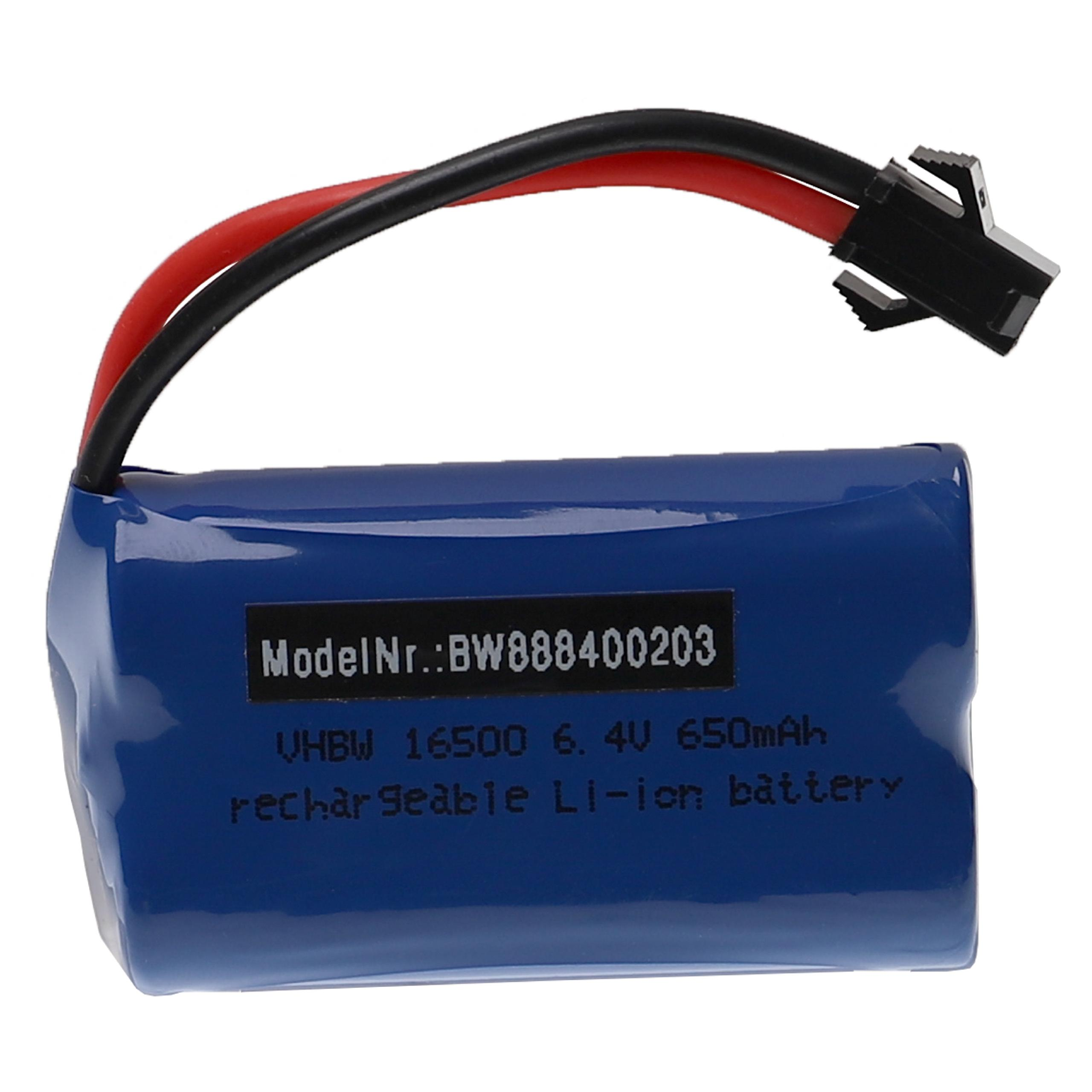 Ein blauer, rechteckiger Akku mit schwarzen und roten Drähten. Der Text besagt, 6,4 V 650 mAh Akku.