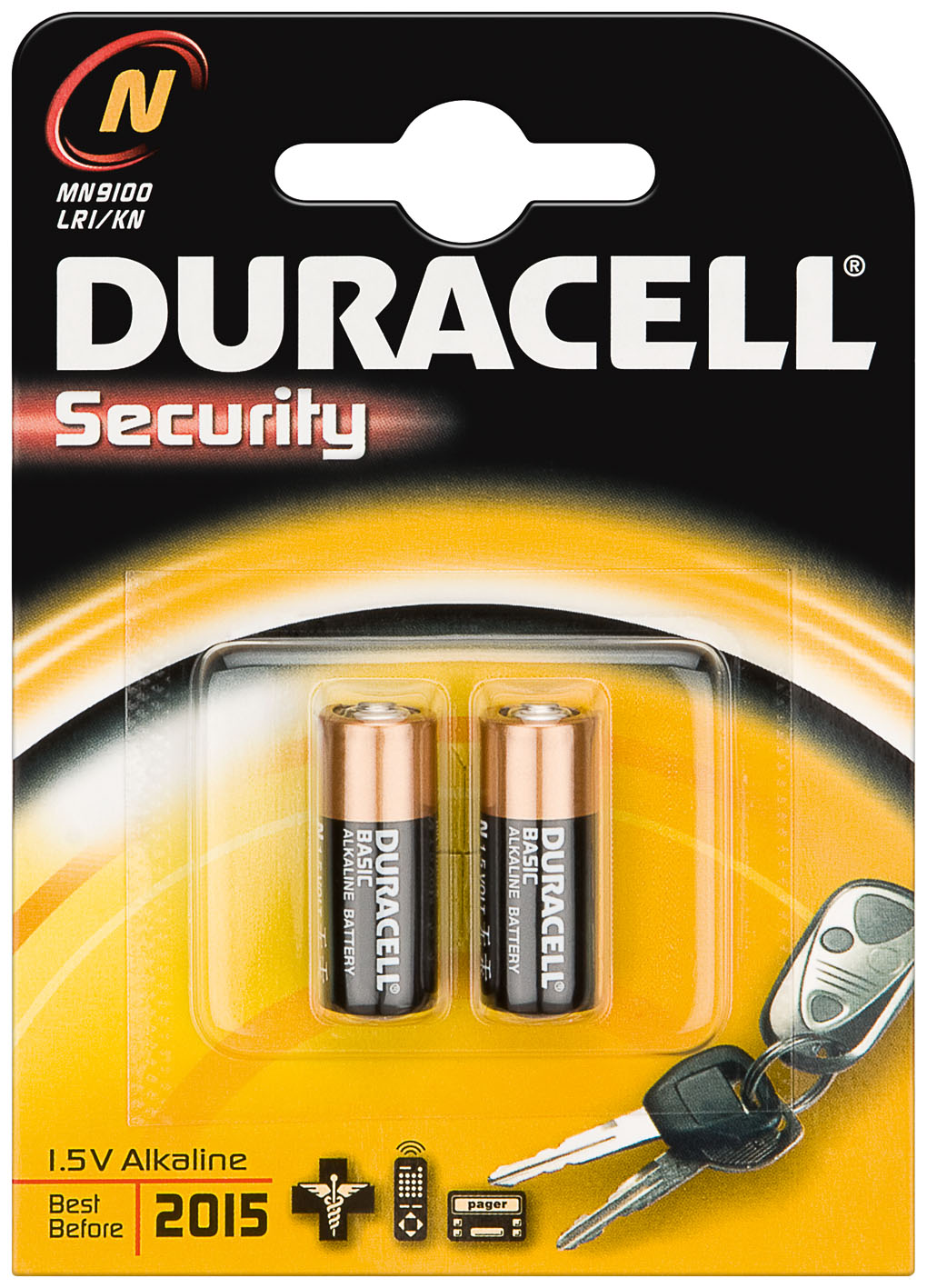 Two AA Duracell batteries in a blister pack with a security label and a key.