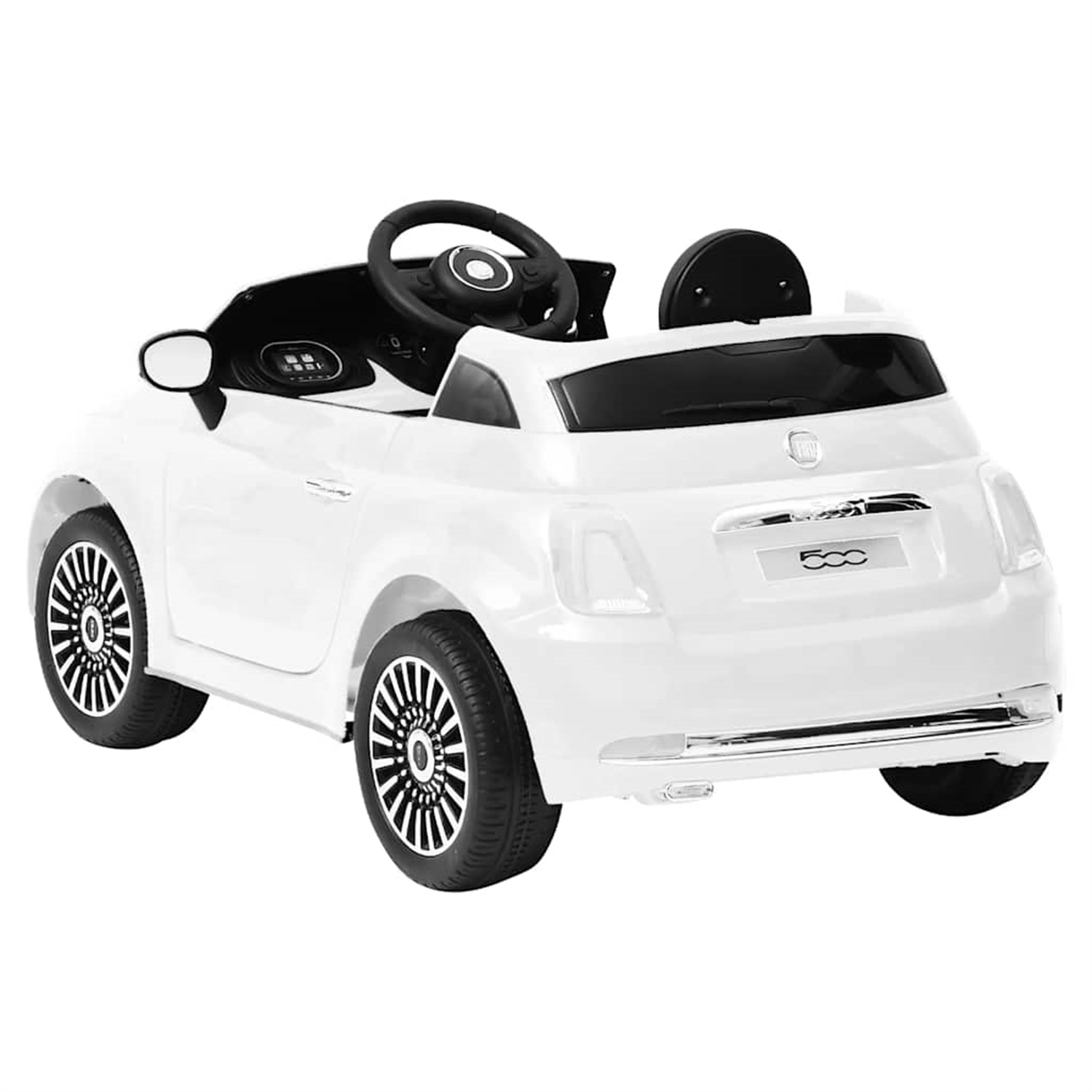Weißes Spielzeugauto mit schwarzen Details, Rückansicht, isoliert auf Weiß.