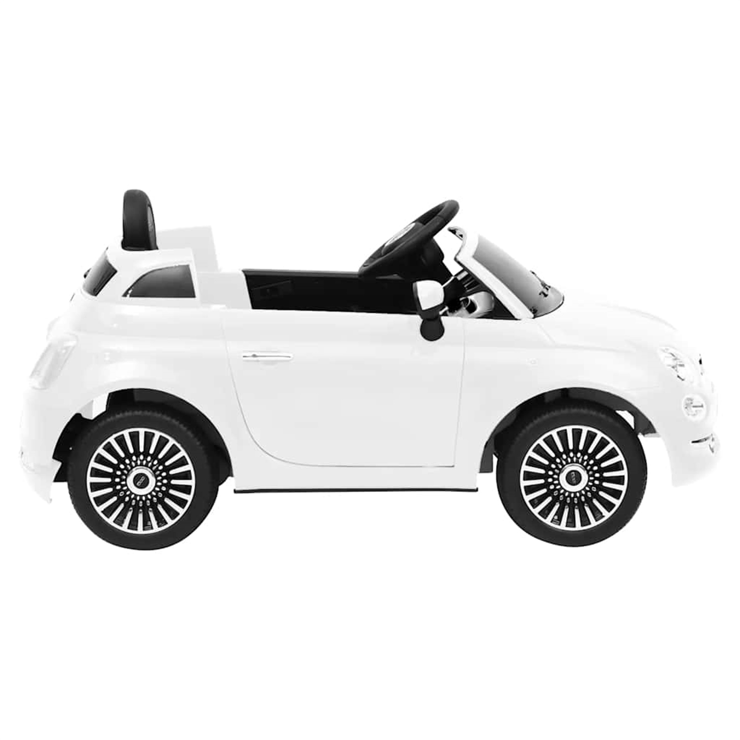 Weißes Spielzeugauto mit schwarzen Rädern auf weißem Hintergrund.