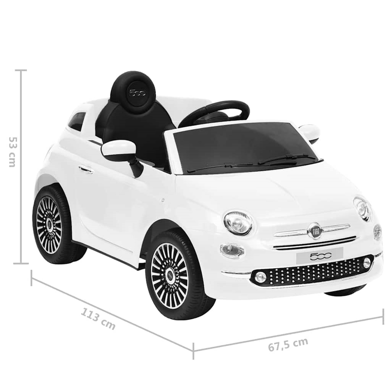 Weißes Spielzeugauto mit schwarzen Rädern und Innenausstattung. Abmessungen werden angezeigt. Das Auto steht auf weißem Hintergrund.