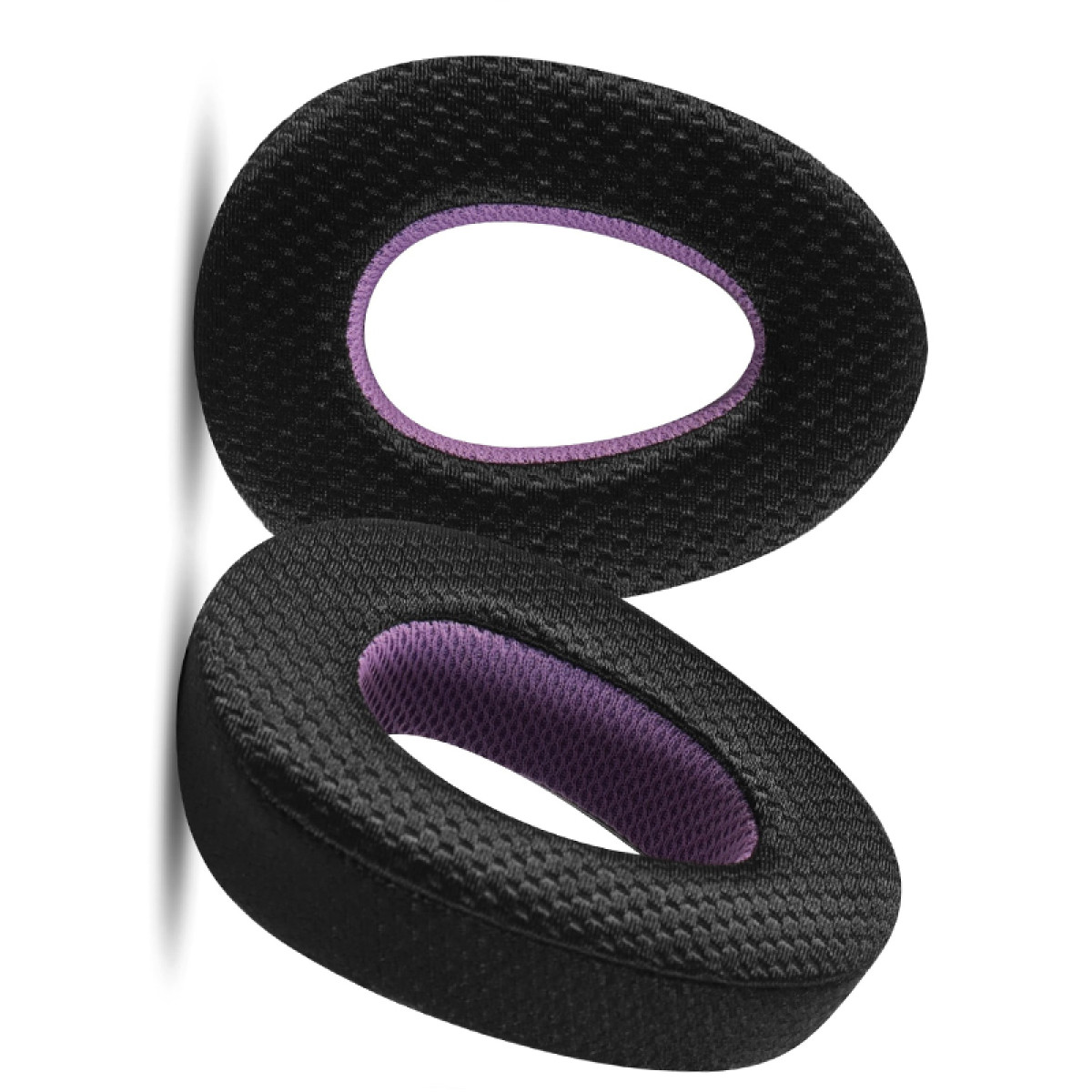 Due cuscinetti auricolari ovali neri con interno viola, uno sopra l'altro su sfondo bianco.