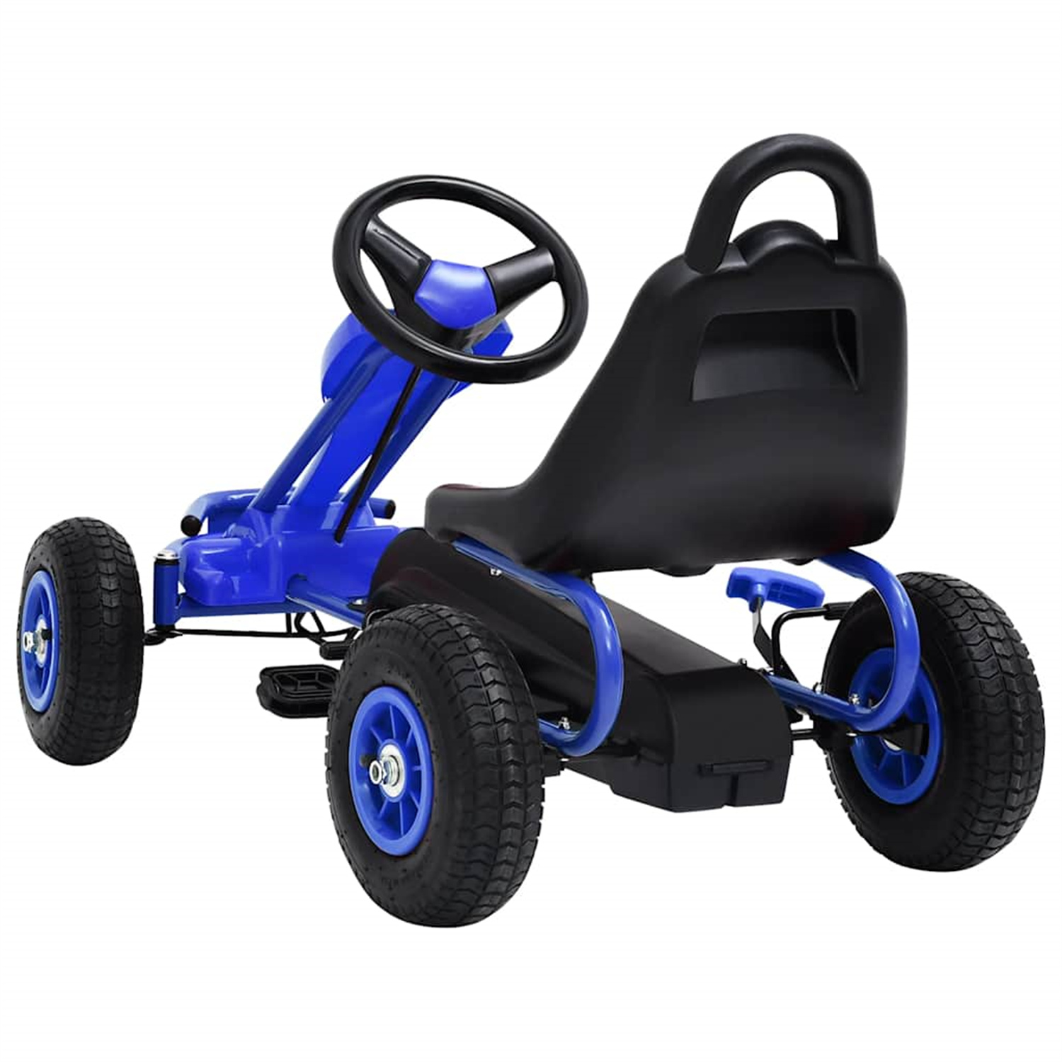 Ein blauer Pedal-Go-Kart mit schwarzem Sitz und Lenkrad, von hinten gesehen, auf weißer Oberfläche.