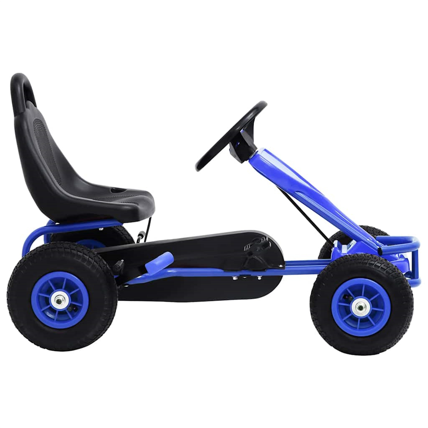 Blaues und schwarzes Go-Kart für ein Kind. Es hat einen schwarzen Sitz, ein Lenkrad und Reifen.