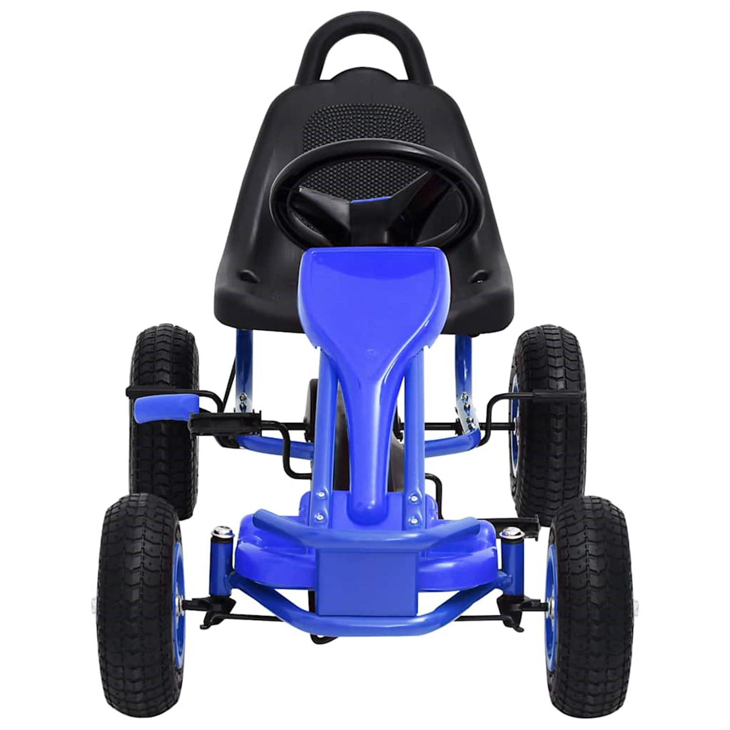 Blaues Pedal-Go-Kart, Vorderansicht. Es hat einen schwarzen Sitz und ein Lenkrad. Weißer Hintergrund.