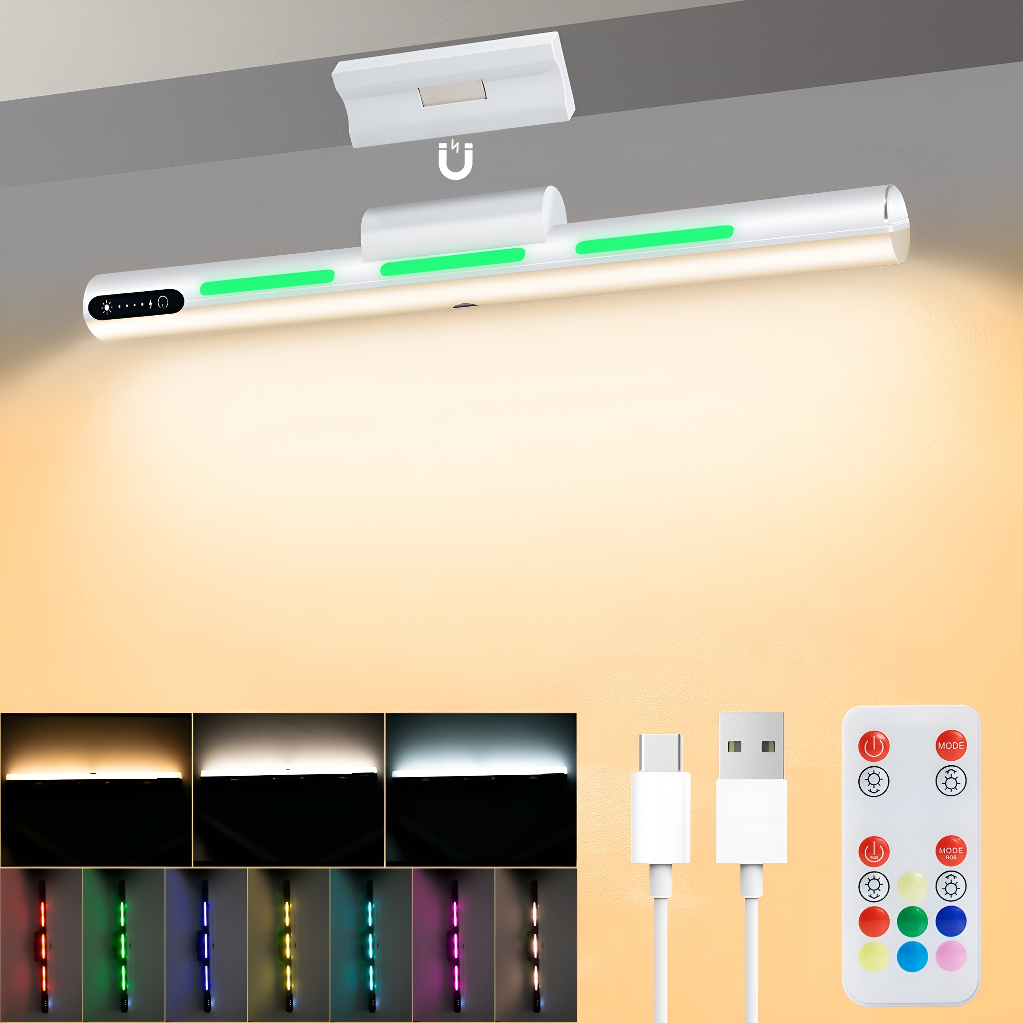 Weiße Lichtleiste mit Farboptionen und Fernbedienung. Zeigt grünes Licht und USB-Ladekabel.