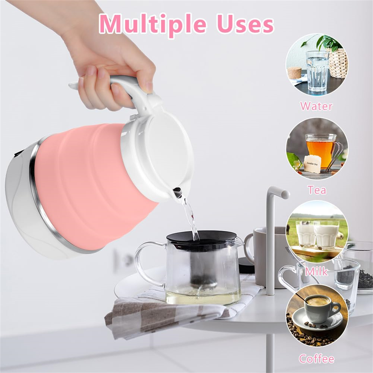 Rosa zusammenklappbarer Wasserkocher mit vielfältigen Anwendungen. Wasser, Tee, Milch und Kaffee.