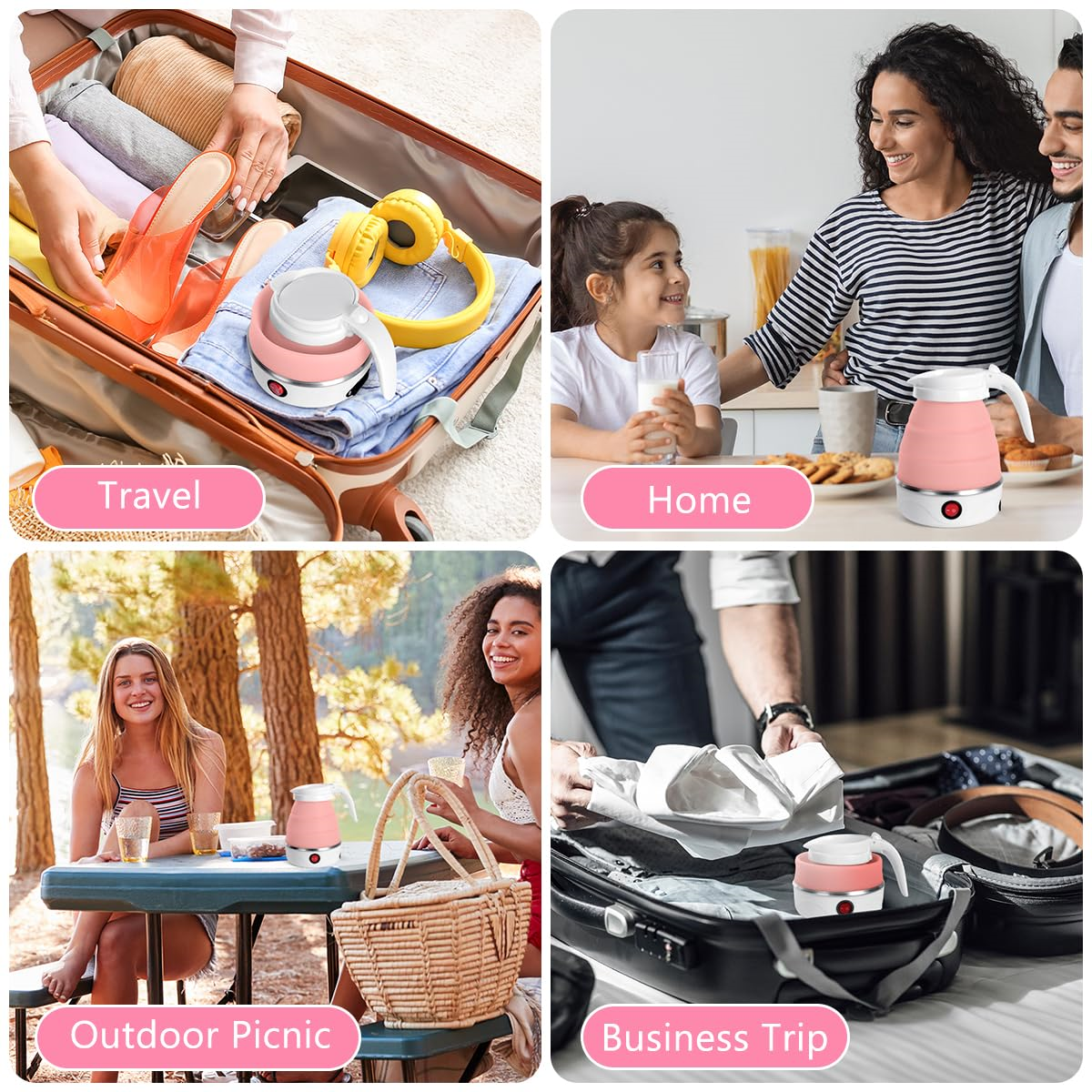 Collage, das einen faltbaren Reisekocher in verschiedenen Szenarien zeigt: Reisen, Zuhause, Picknick, Geschäft.