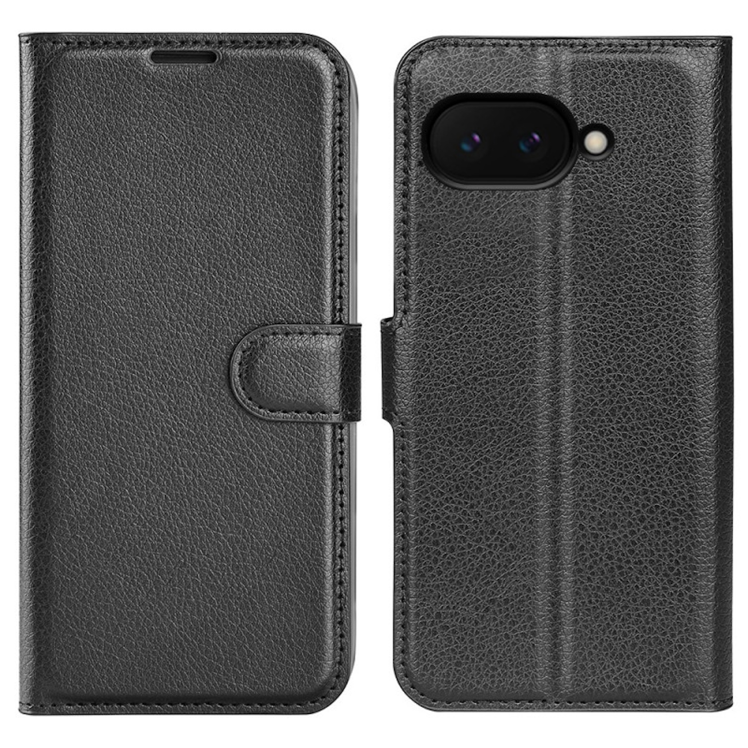 Schwarzes Leder-Flip-Case für ein Smartphone mit zwei Kameras.