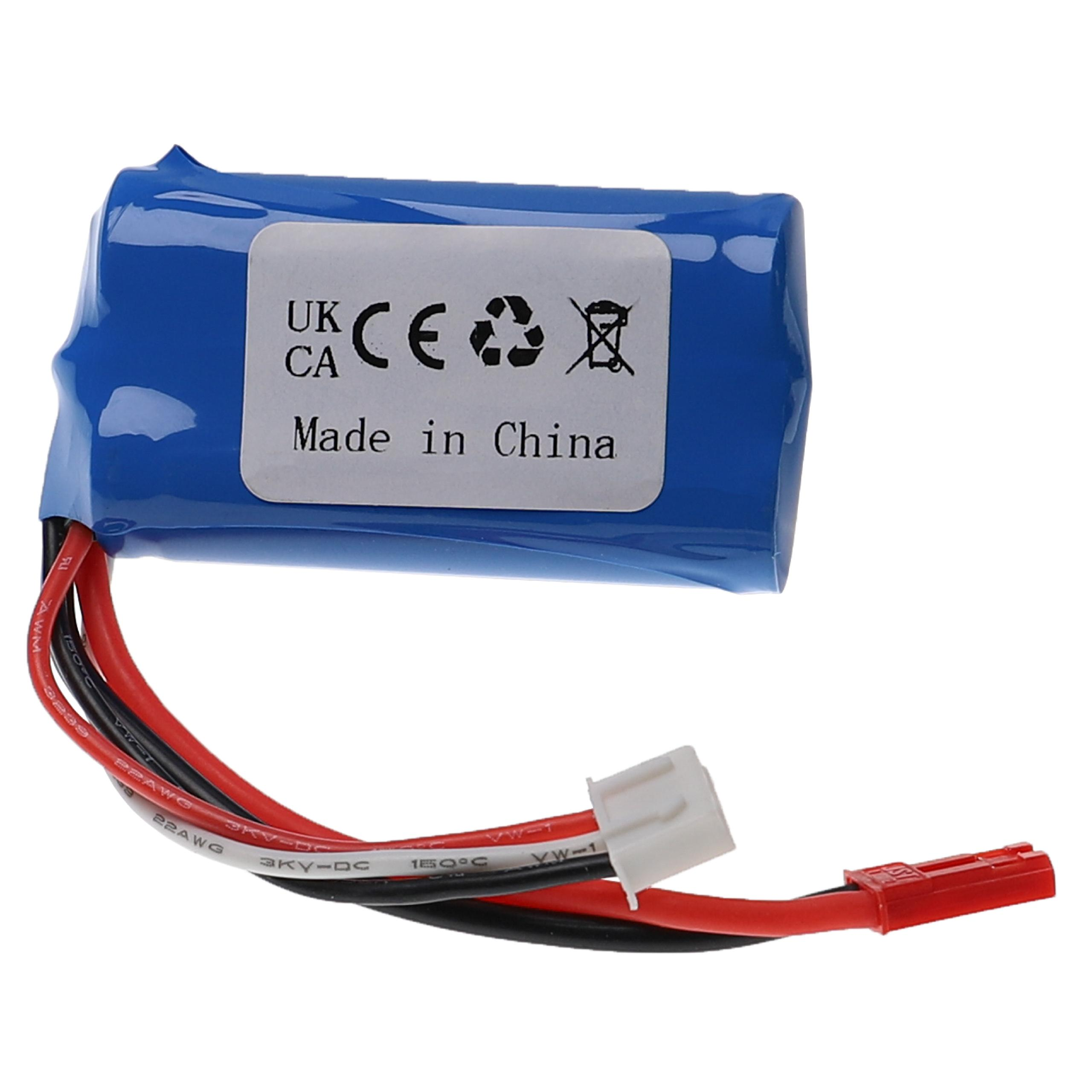 Blaue Batterie mit weißem Etikett und Drähten, schwarz und rot, mit Stecker.