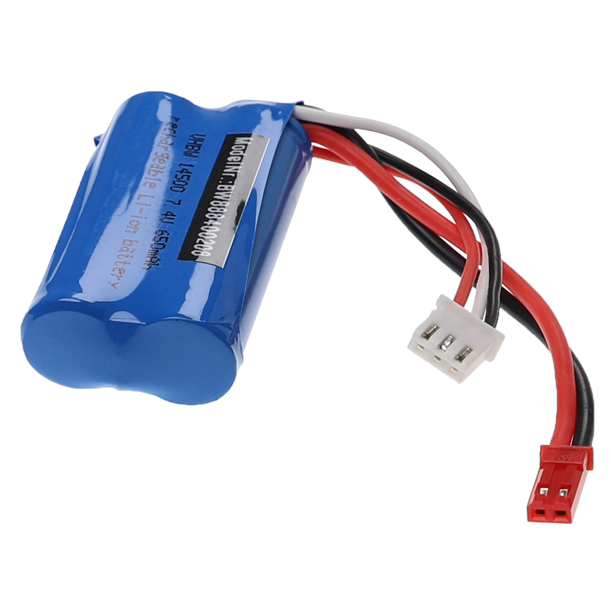 Eine blaue, wiederaufladbare Batterie. Sie hat rote, schwarze und weiße Drähte und einen Stecker. Weißer Hintergrund.