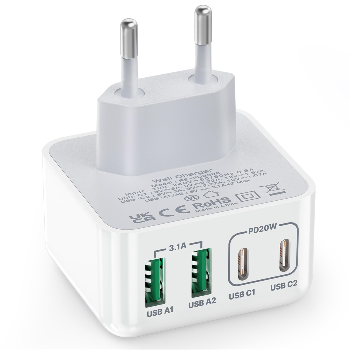 Ein weißes Wandladegerät mit zwei USB-A-Anschlüssen und zwei USB-C-Anschlüssen. Es hat UK- und CE-Zertifizierungen.