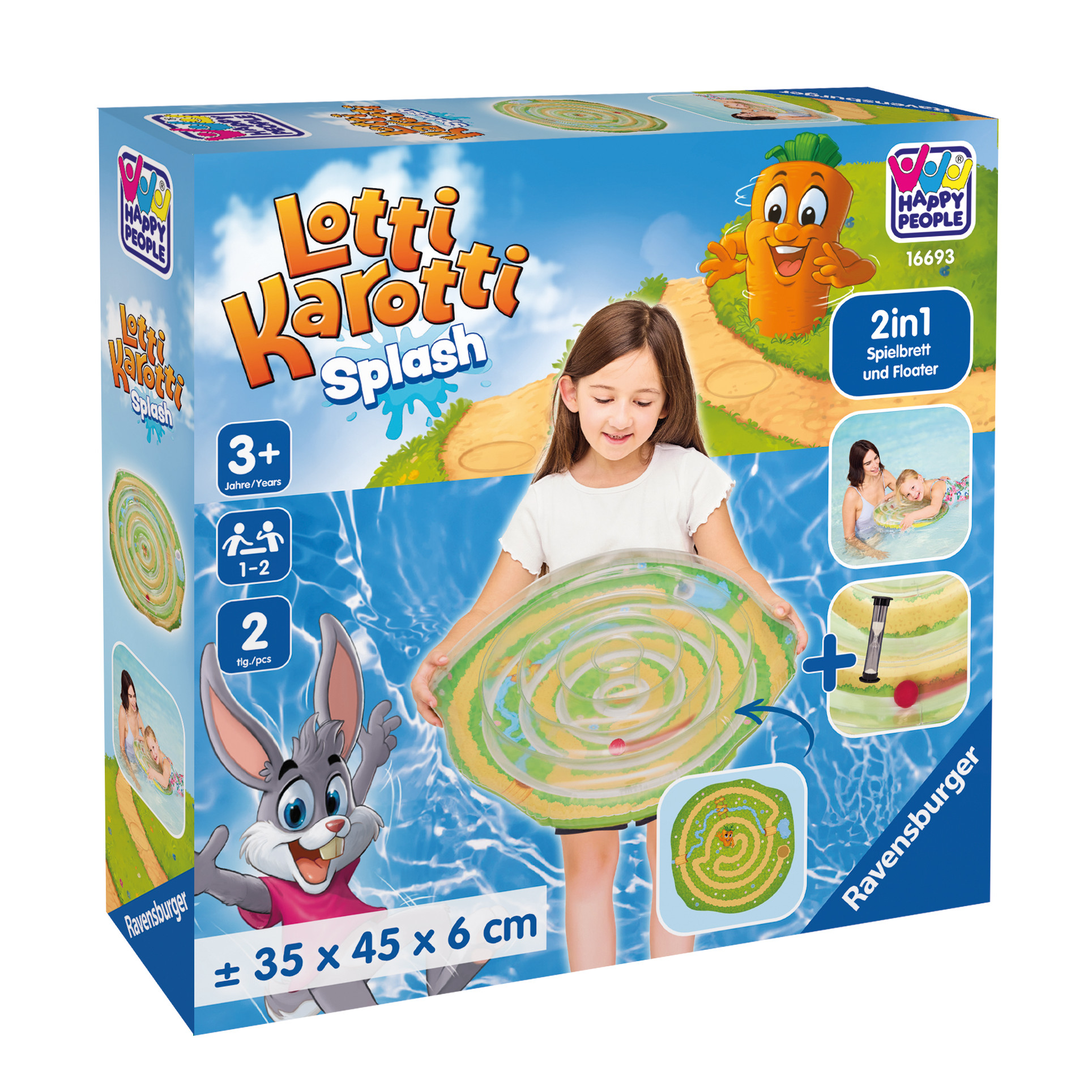 Ein Kind und ein Hase spielen mit einem 'Lotti Karotti' Splash-Spiel. Eine Karotte ist auf der Box.