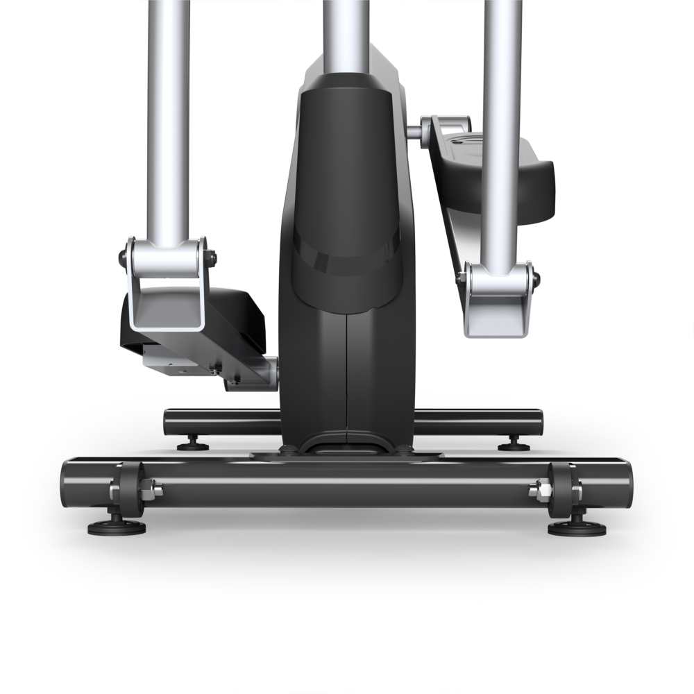 Elliptische machine in donkere tinten. Zwart en zilver. De machine heeft handvatten en voetpedalen.