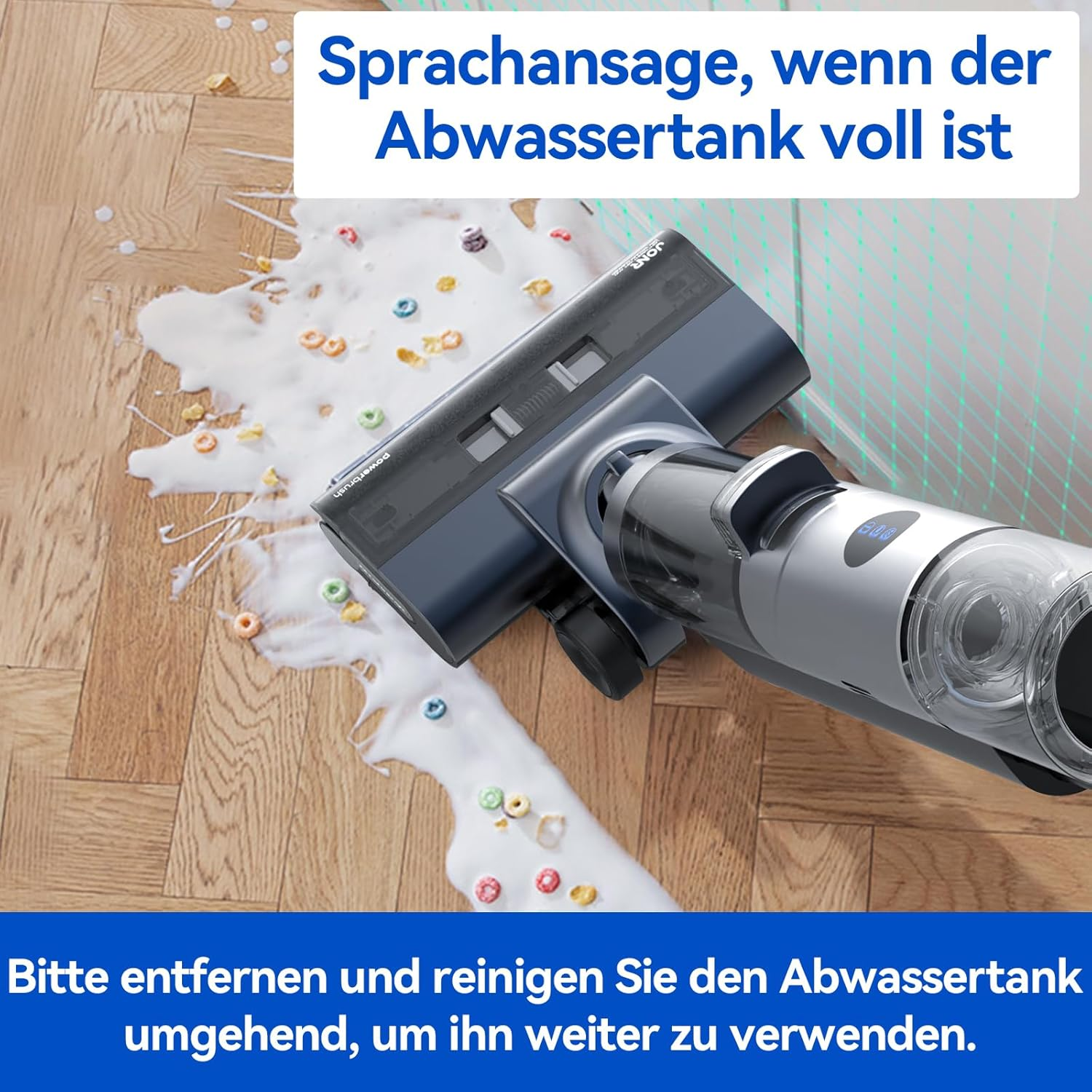 Bodenreinigungsgerät, das Schaum auf den Boden sprüht, mit verstreuten Cerealien.