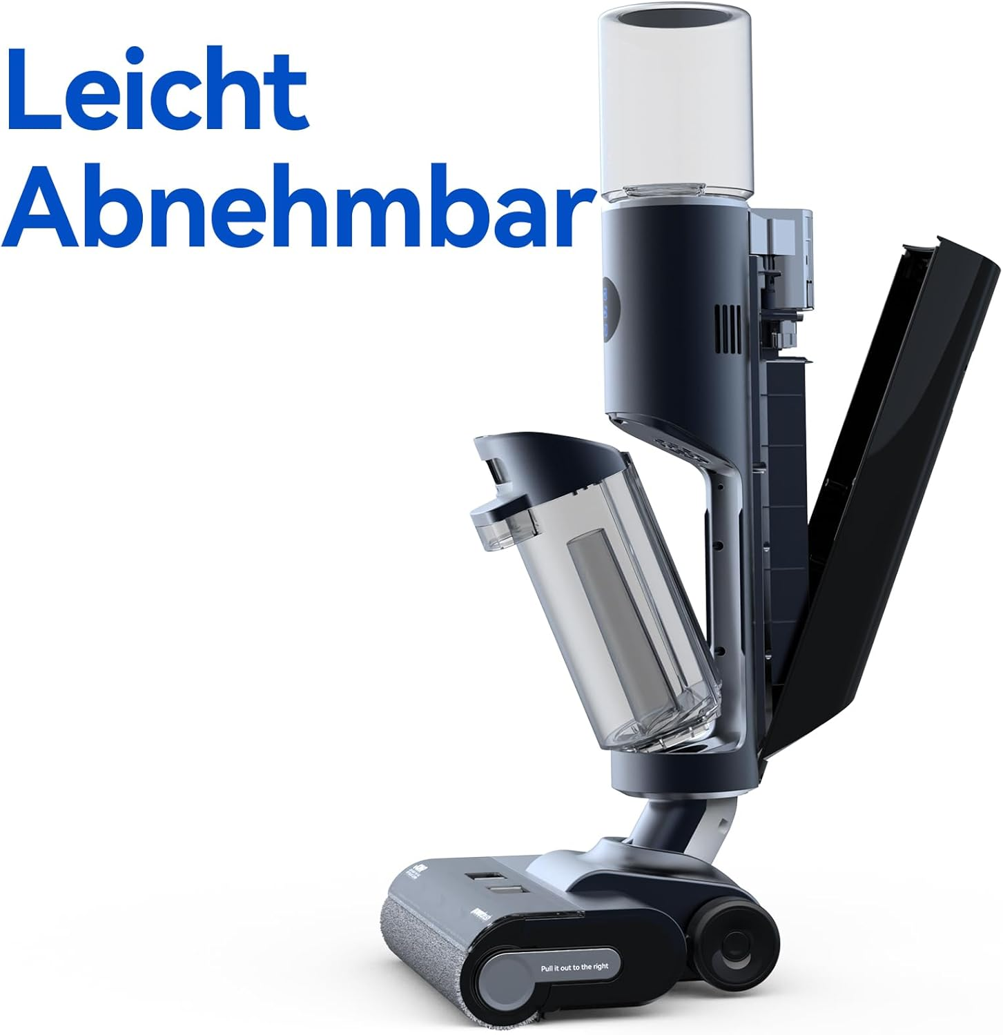 Ein Staubsauger mit abnehmbaren Teilen, dunkles Blau und Schwarz.