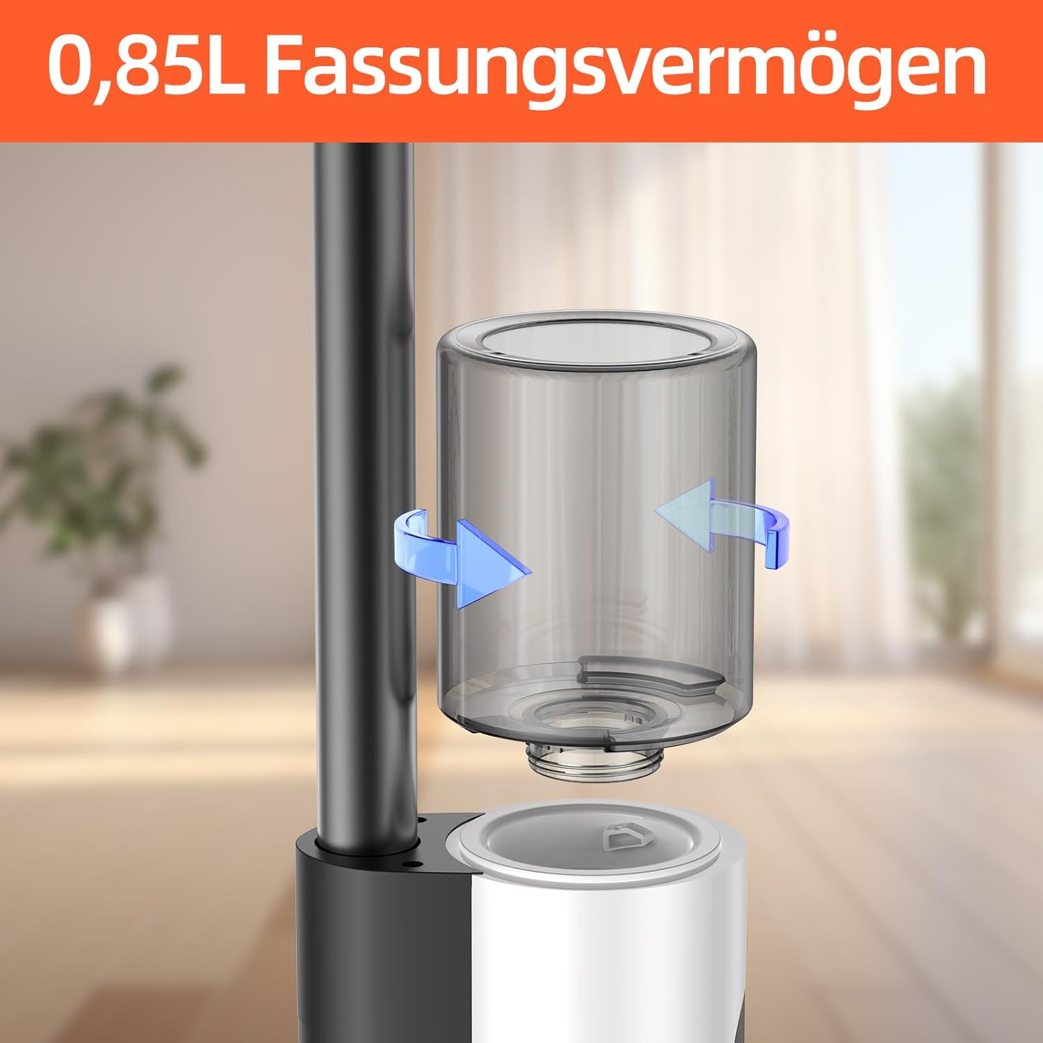 Klarer Wasserspender mit transparentem Behälter. Blaue Pfeile zeigen den Wasserfluss an. Text: 0,85L Fassungsvermögen.