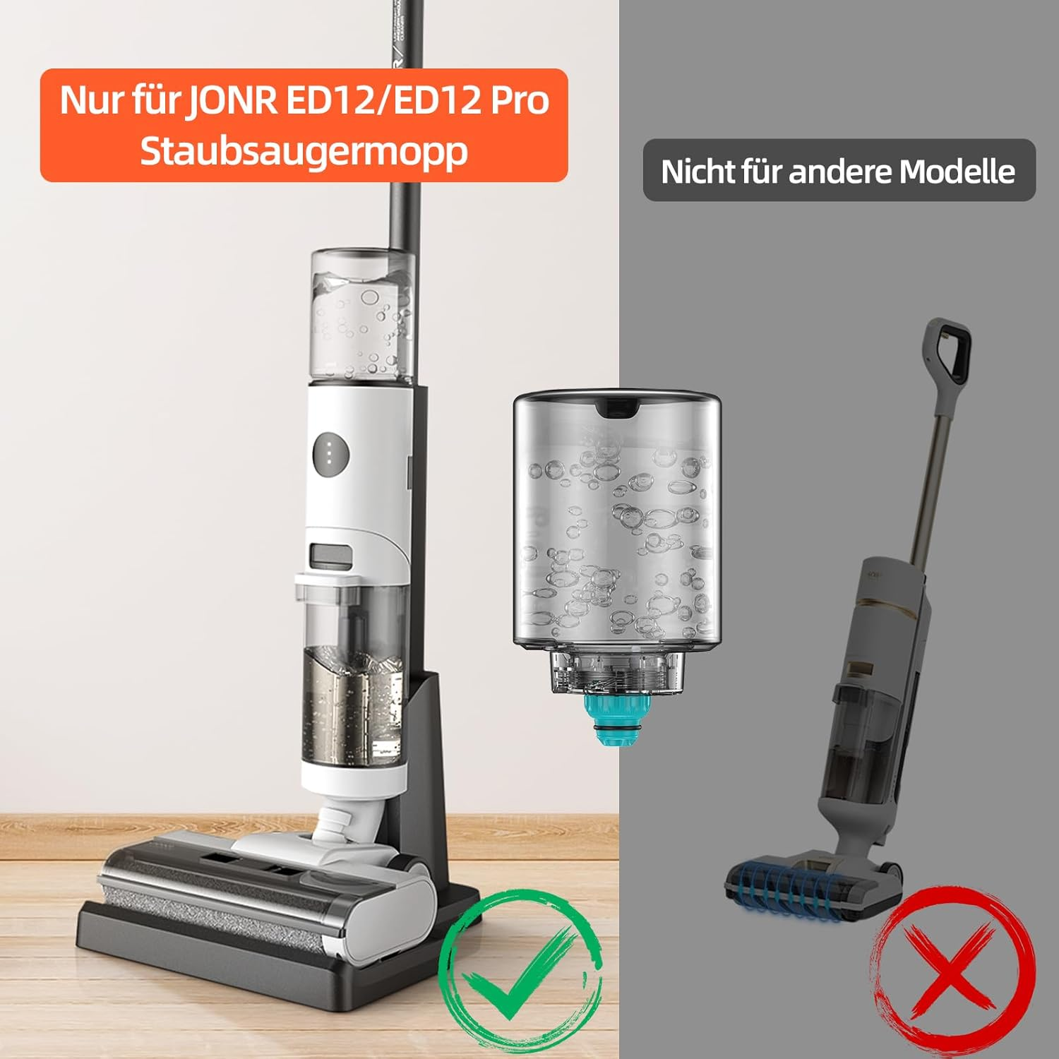 Staubsauger mit zwei Teilen und einem durchgestrichenen Staubsauger auf der rechten Seite.